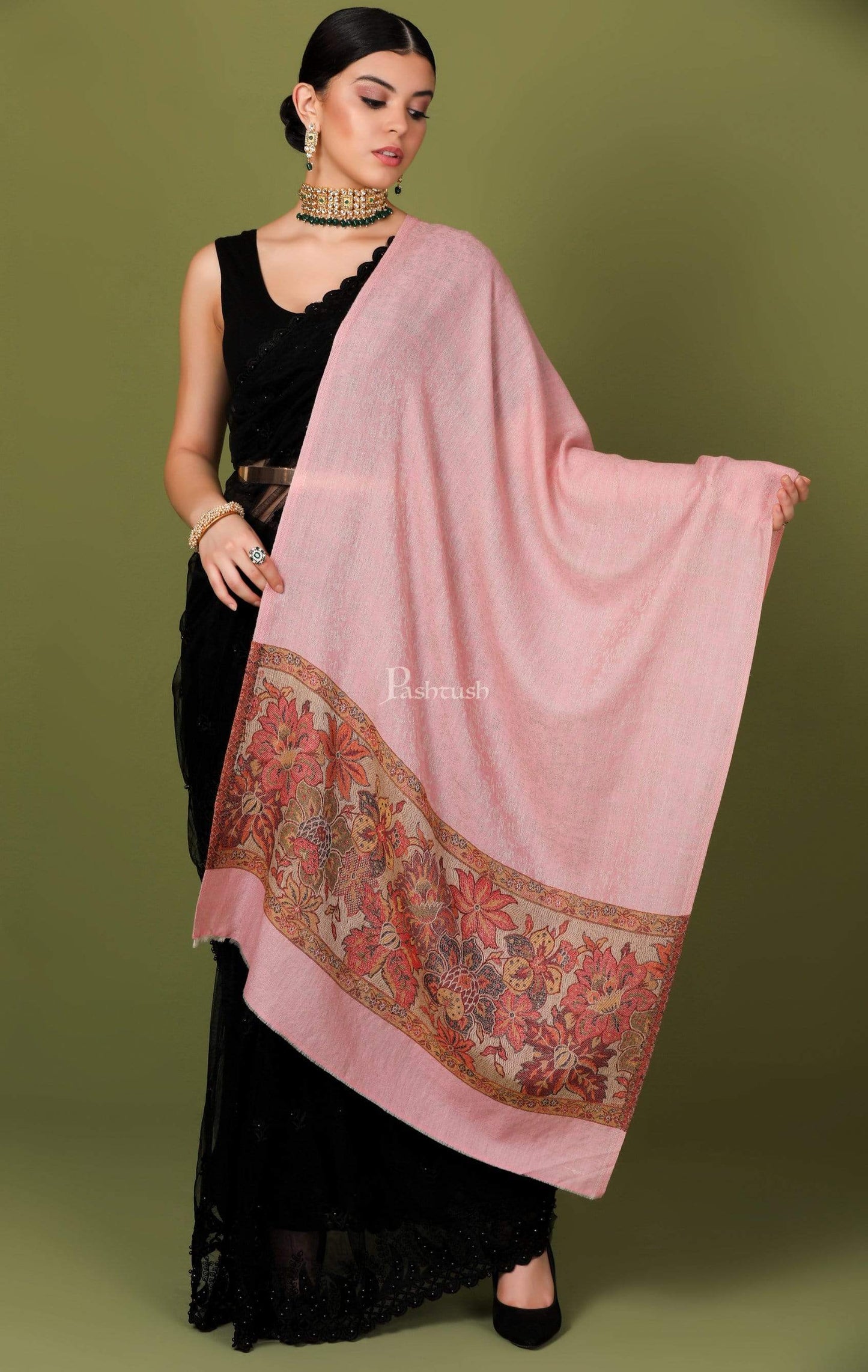 Pashtush India 70x200 Pashtush Women's Silk-Wool Reversible Floral Scarf, Soft and Warm (Powder pink)