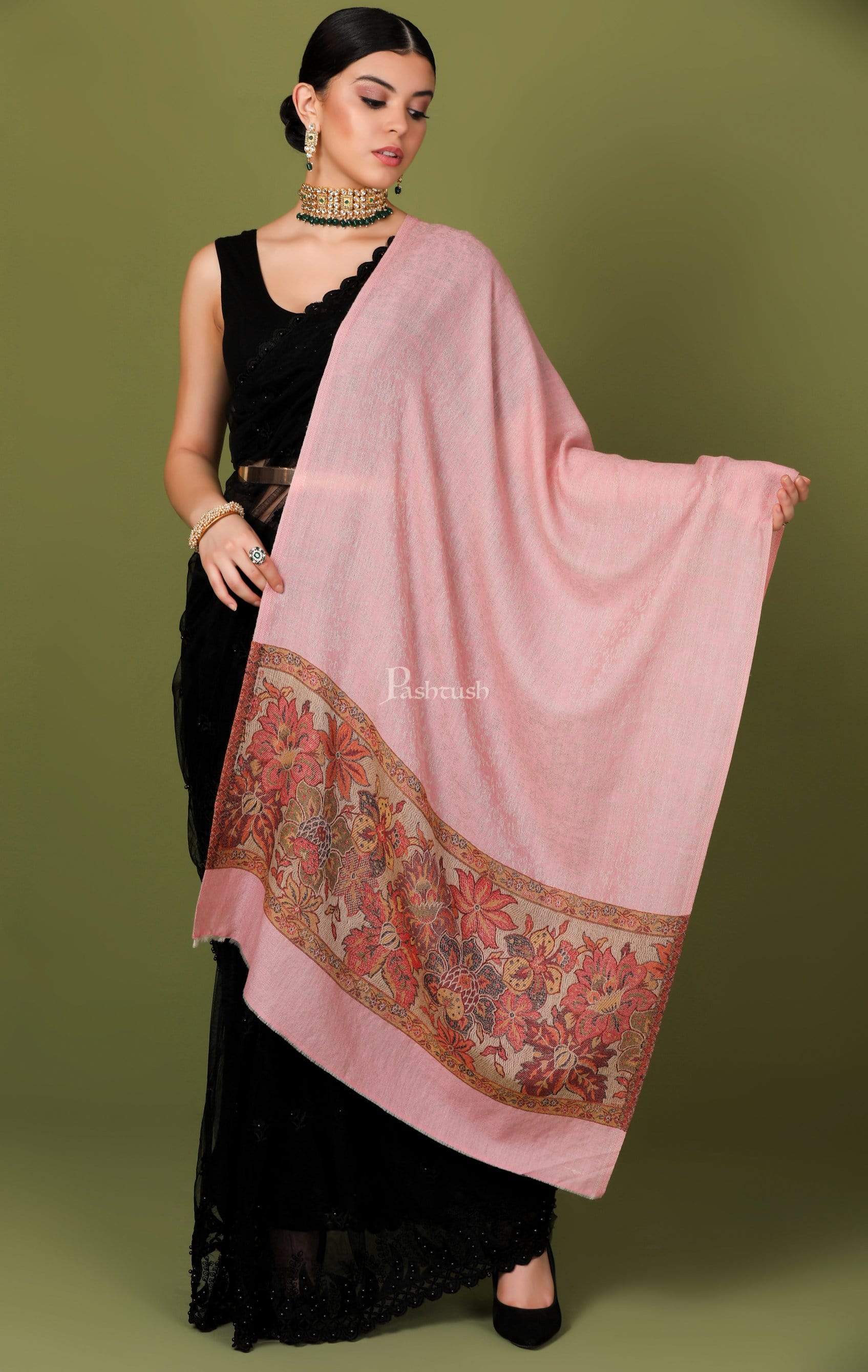 Pashtush India 70x200 Pashtush Women's Silk-Wool Reversible Floral Scarf, Soft and Warm (Powder pink)