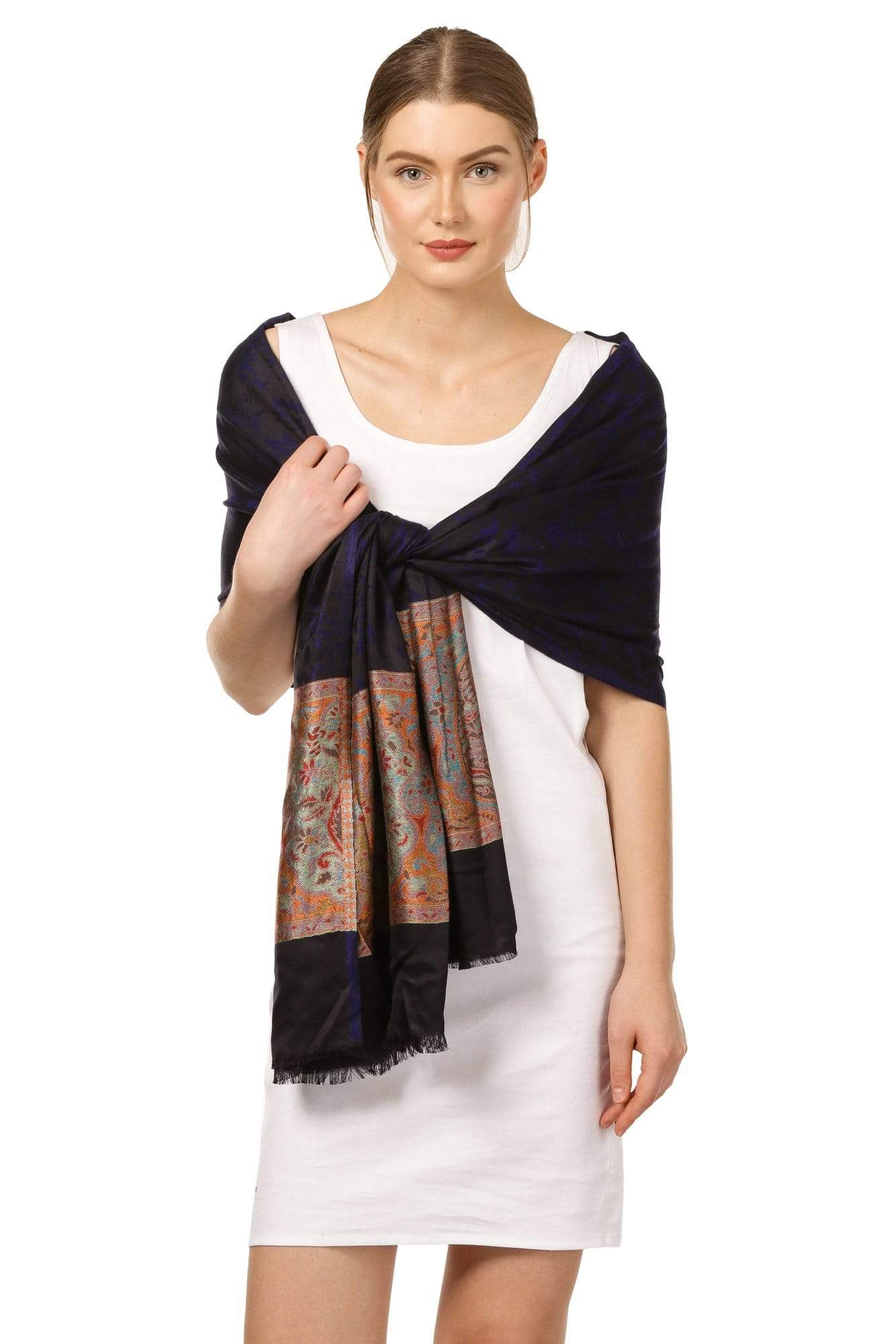 Pashtush Shawl Store Stole Pashtush Women's Silky Pashmina Reversible Scarf, Stole, Navy blue