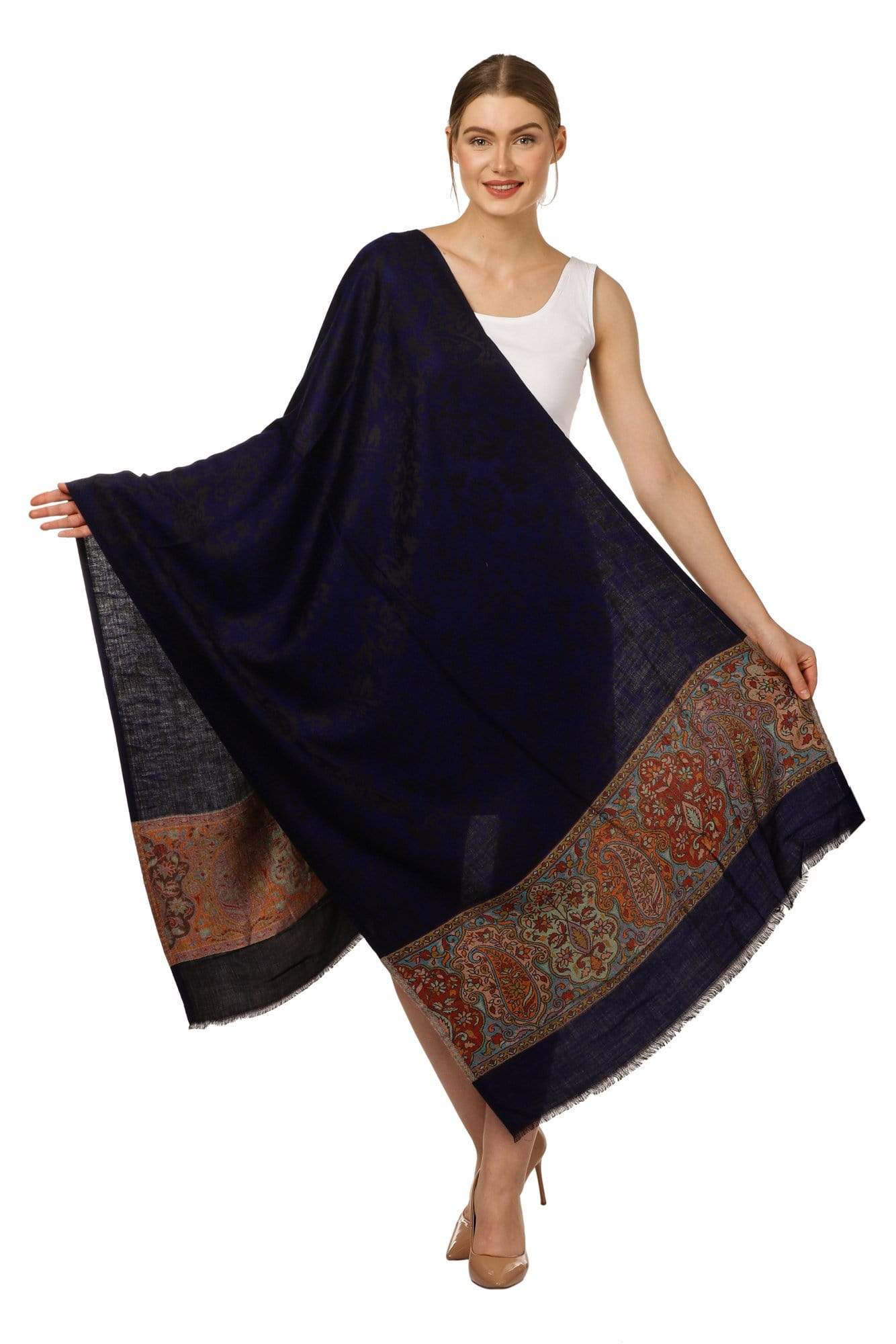 Pashtush Shawl Store Stole Pashtush Women's Silky Pashmina Reversible Scarf, Stole, Navy blue