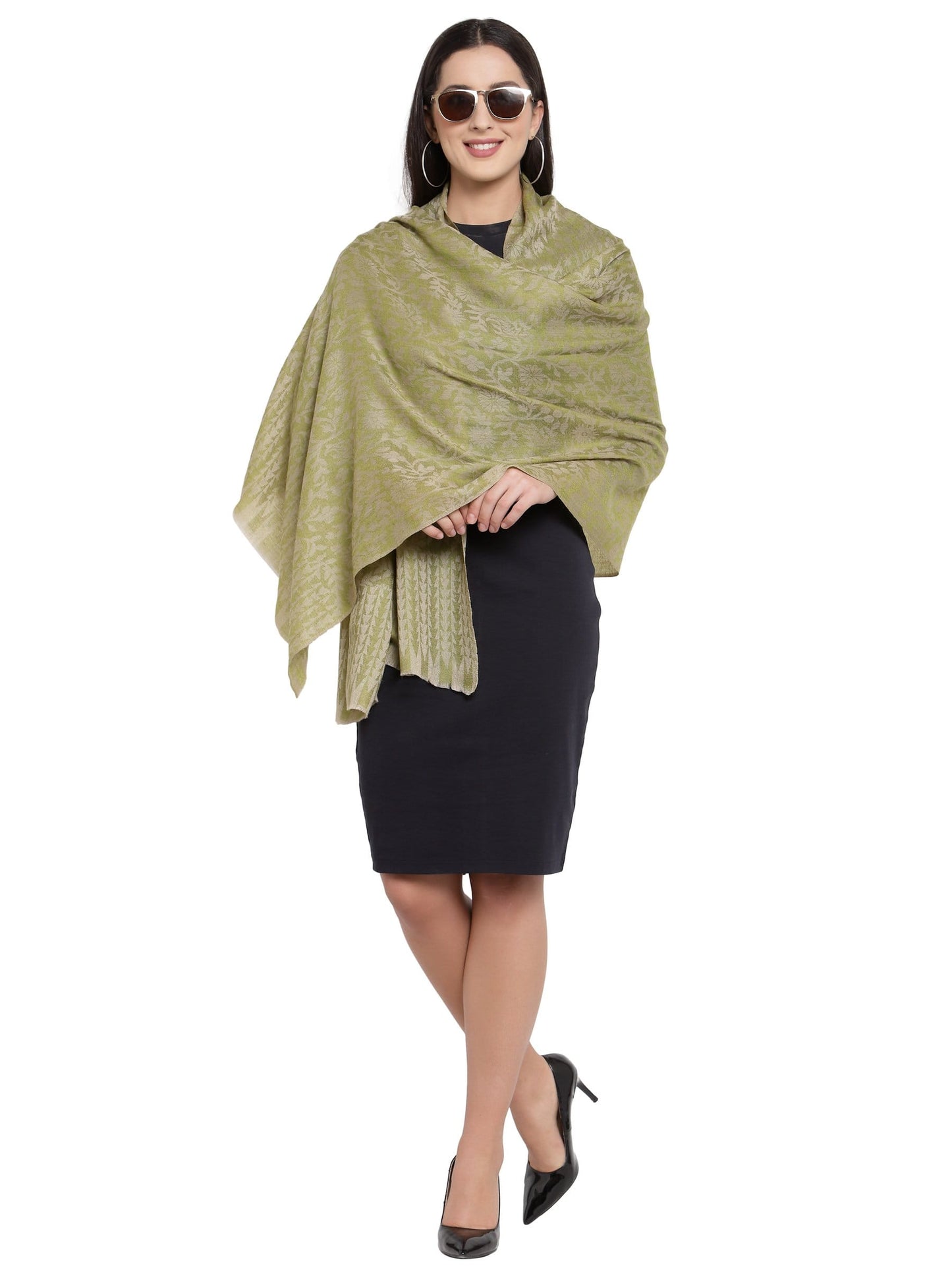 Pashtush India 70x200 Pashtush Women's Soft Fine Wool Floral Scarf, Soft and Warm, Emerald Green