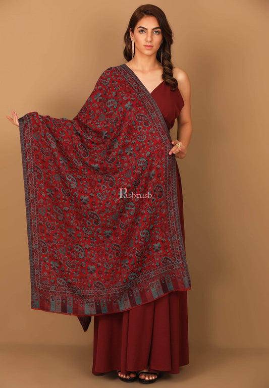 Pashtush India Stole Pashtush Women's Soft Wool, Reversible Stole, Scarf, Kaani Weave, Deep Maroon
