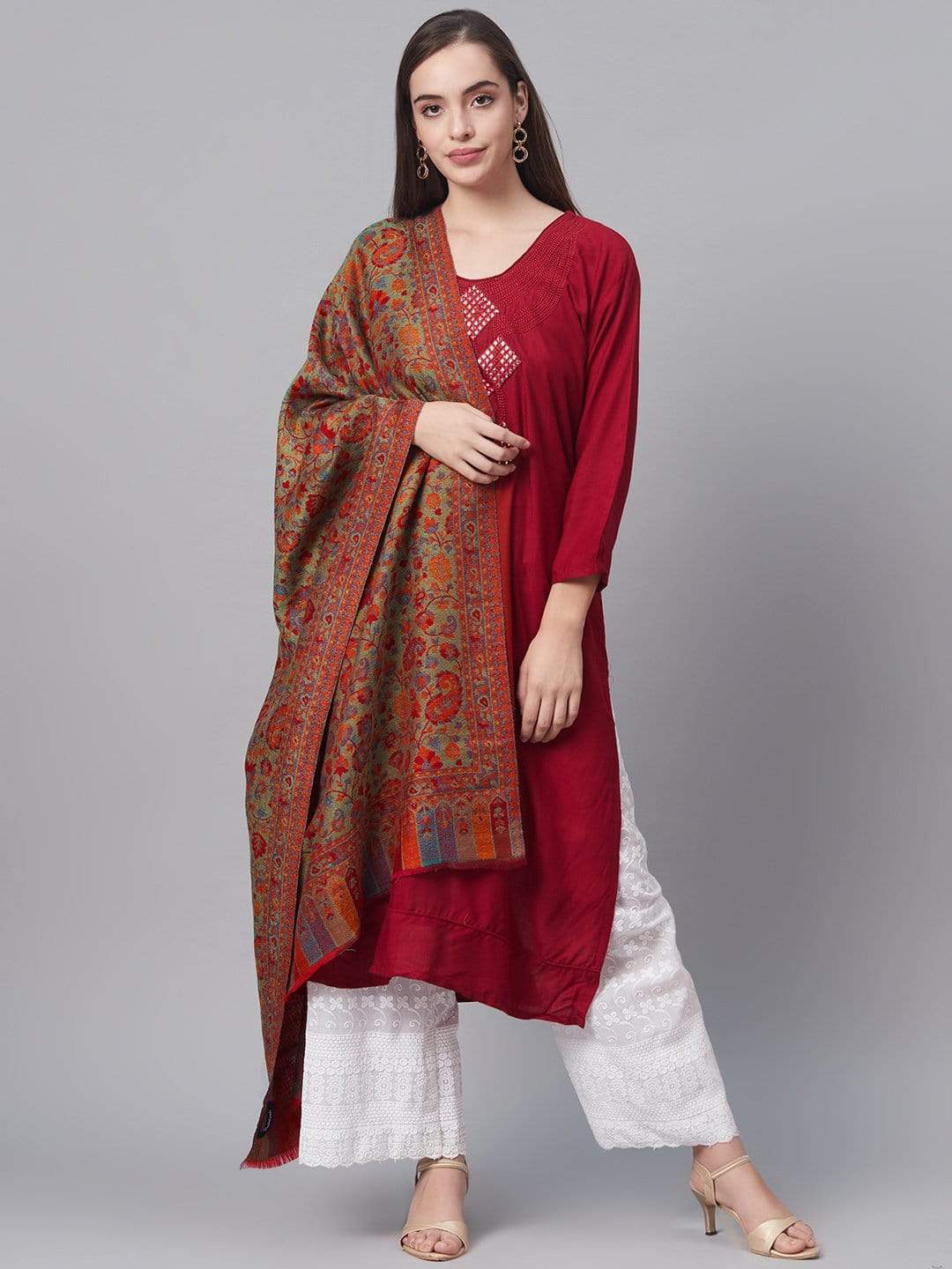 Pashtush India 70x200 Pashtush Women Maroon  Green Woven Design Designer Shawl