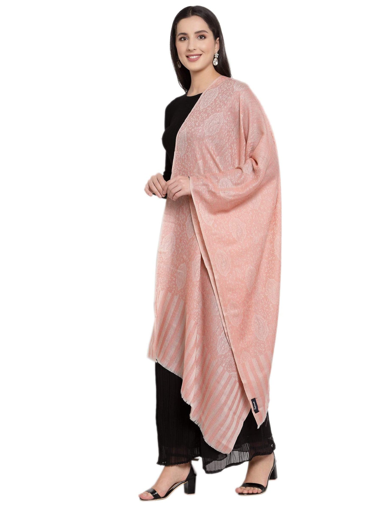 Pashtush India 70x200 Pashtush Women's Soft Wool, Reversible Stole Scarf, Paisley Weave, Salmon Colour
