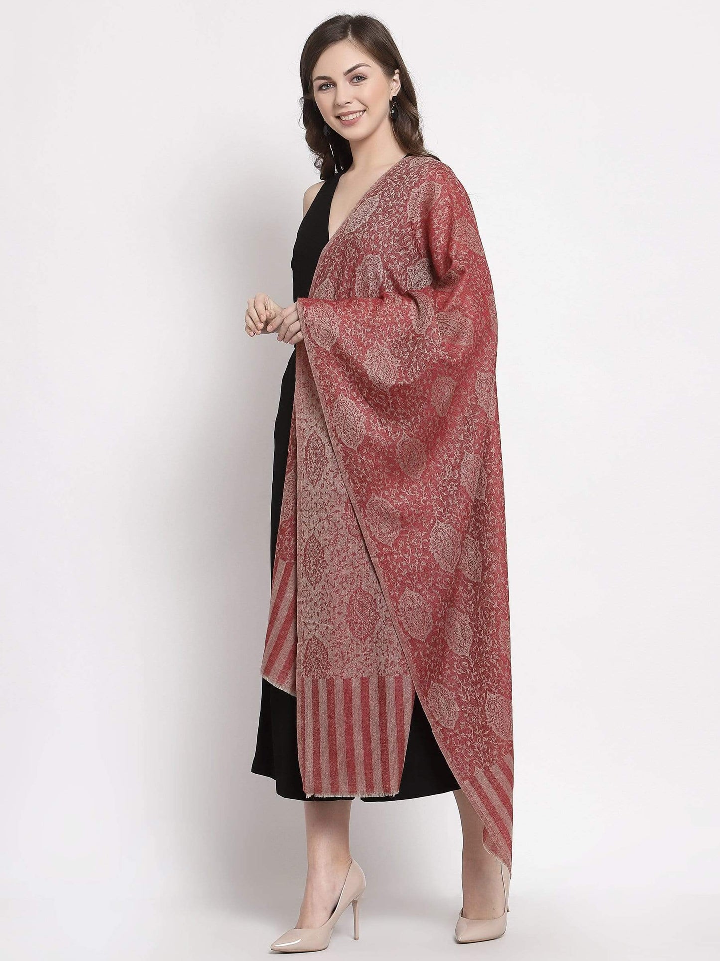 Pashtush India 70x200 Pashtush Women's Soft Wool, Reversible Stole Scarf, Self Paisley Weave, Ruby