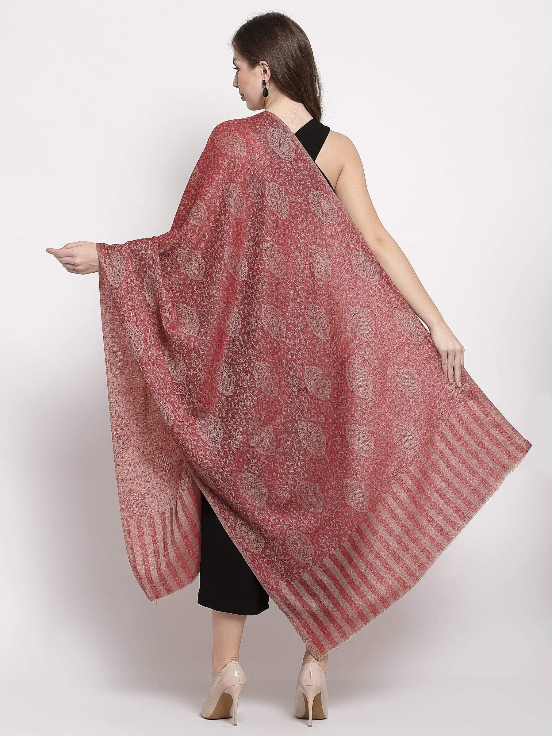 Pashtush India 70x200 Pashtush Women's Soft Wool, Reversible Stole Scarf, Self Paisley Weave, Ruby