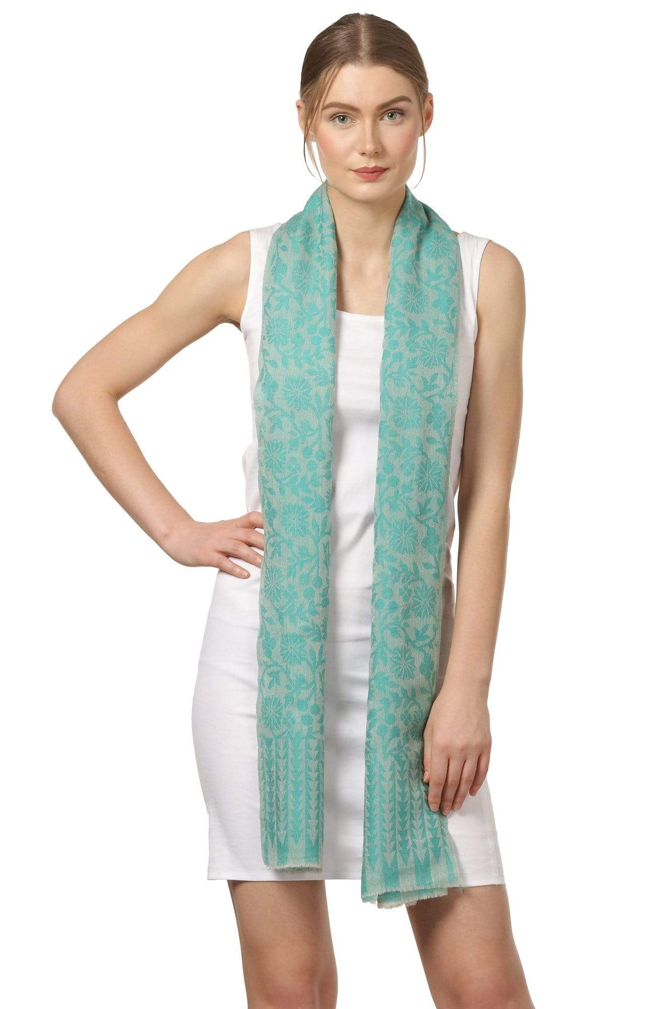 Pashtush India 70x200 Pashtush Women's Wool Self Reversible Scarf Floral Jacquard Design, Silk-Pashmina (arabic sea green)