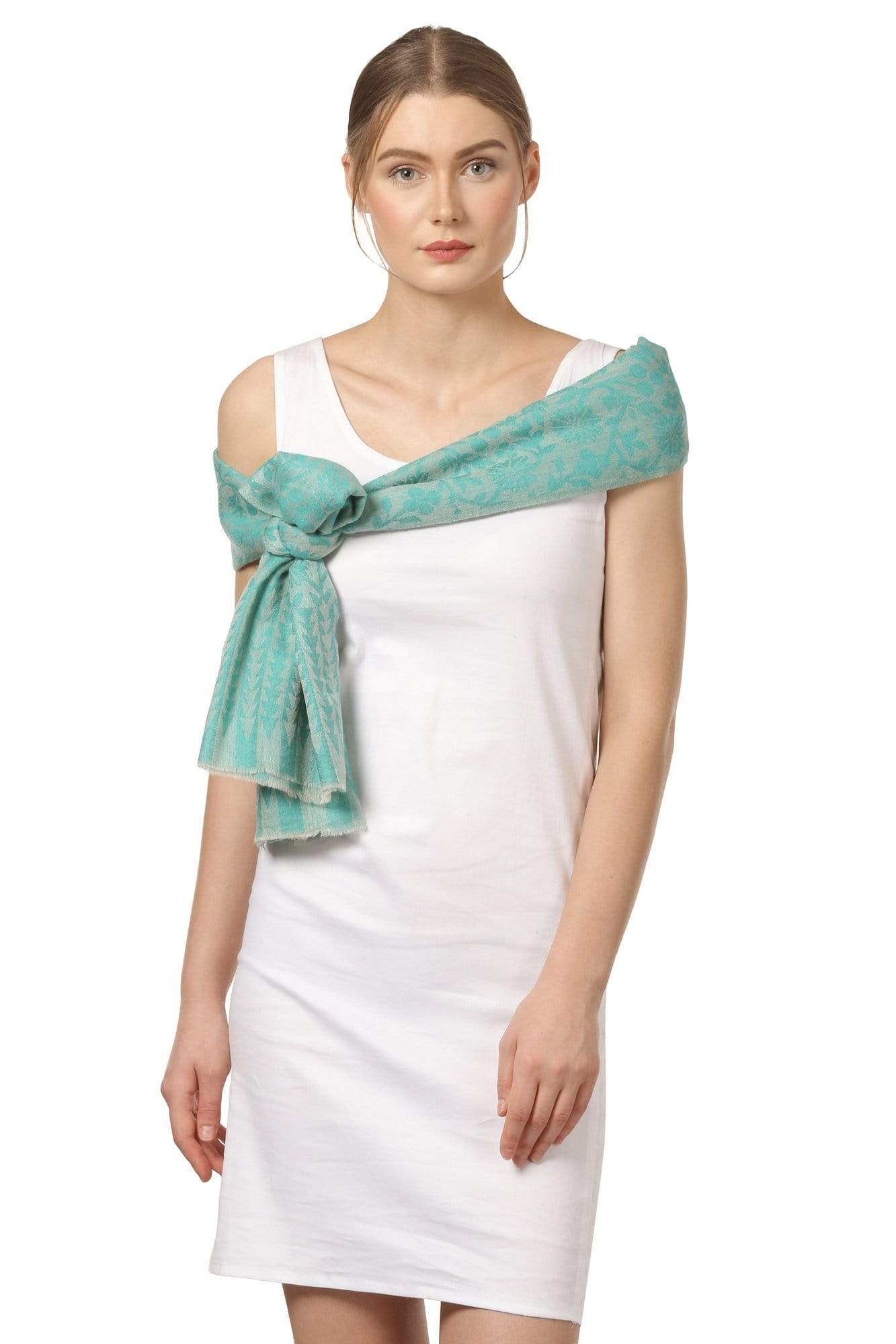 Pashtush India 70x200 Pashtush Women's Wool Self Reversible Scarf Floral Jacquard Design, Silk-Pashmina (arabic sea green)