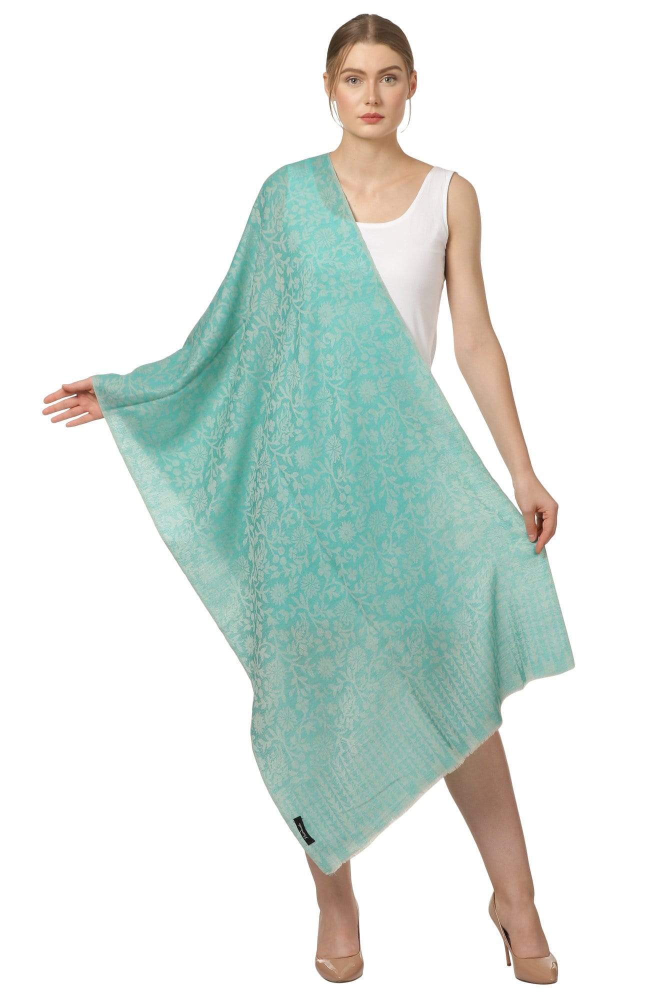 Pashtush India 70x200 Pashtush Women's Wool Self Reversible Scarf Floral Jacquard Design, Silk-Pashmina (arabic sea green)