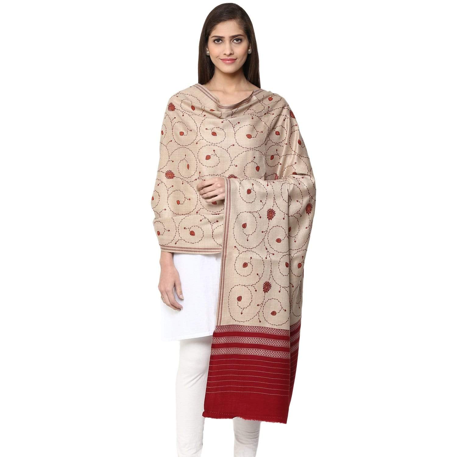 Pashtush Store Shawl Pashtush Women's Wool Shawl Cream Jaal embroidery with maroon palla