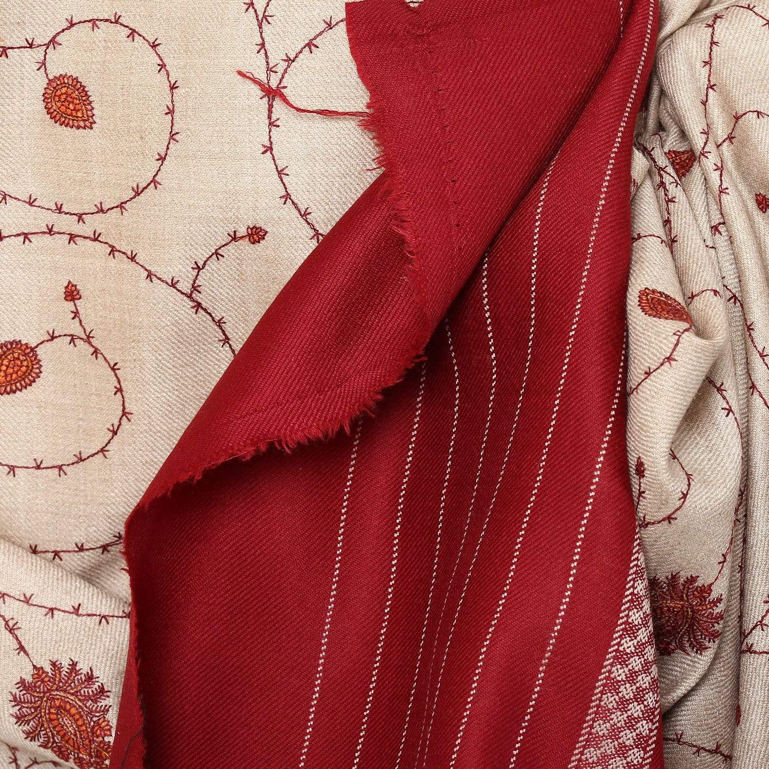 Pashtush Store Shawl Pashtush Women's Wool Shawl Cream Jaal embroidery with maroon palla