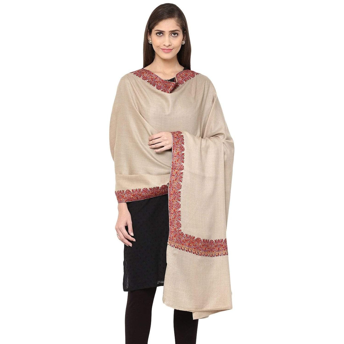 Pashtush Store Shawl Pashtush Women's Wool Shawl embroidered border beige