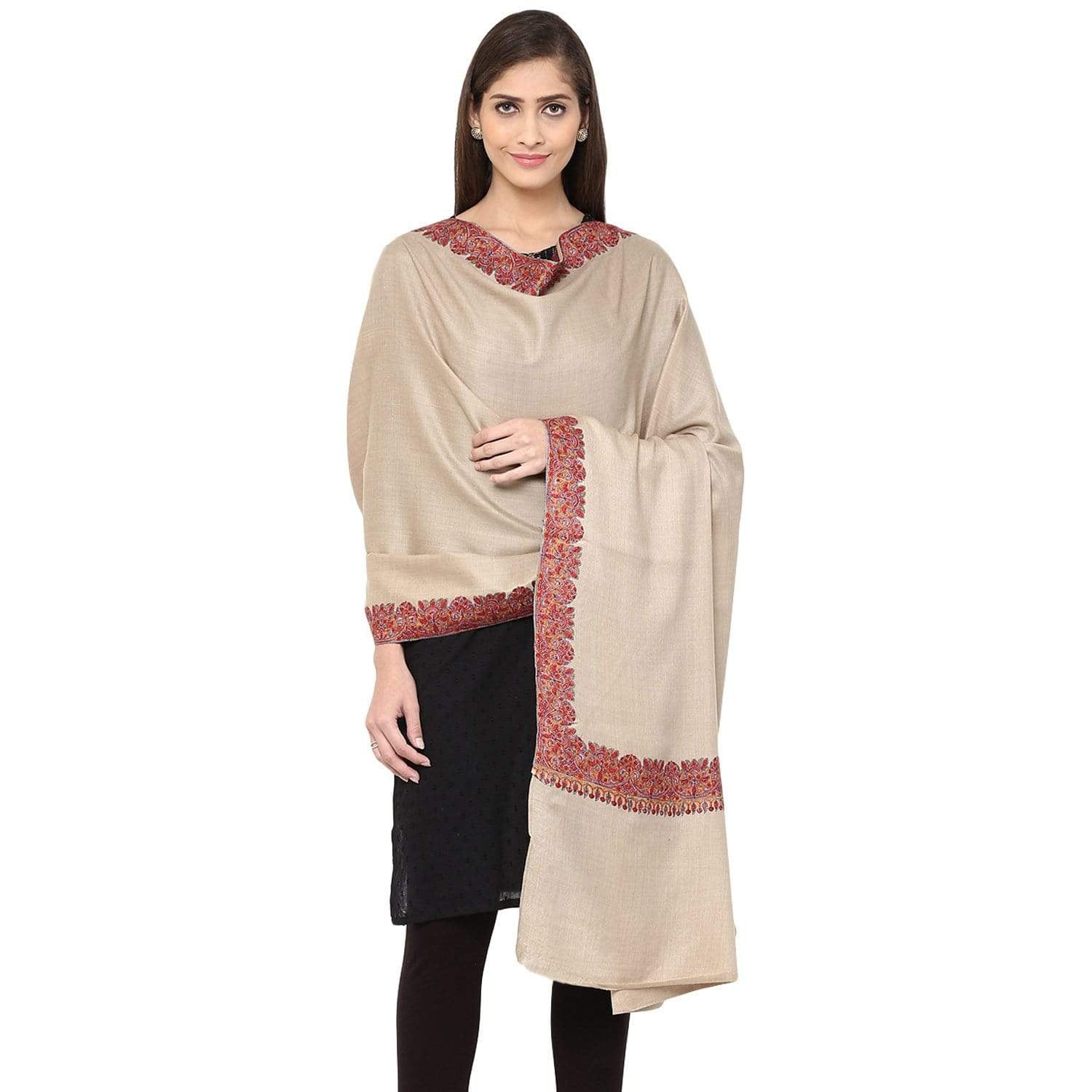 Pashtush Store Shawl Pashtush Women's Wool Shawl embroidered border beige