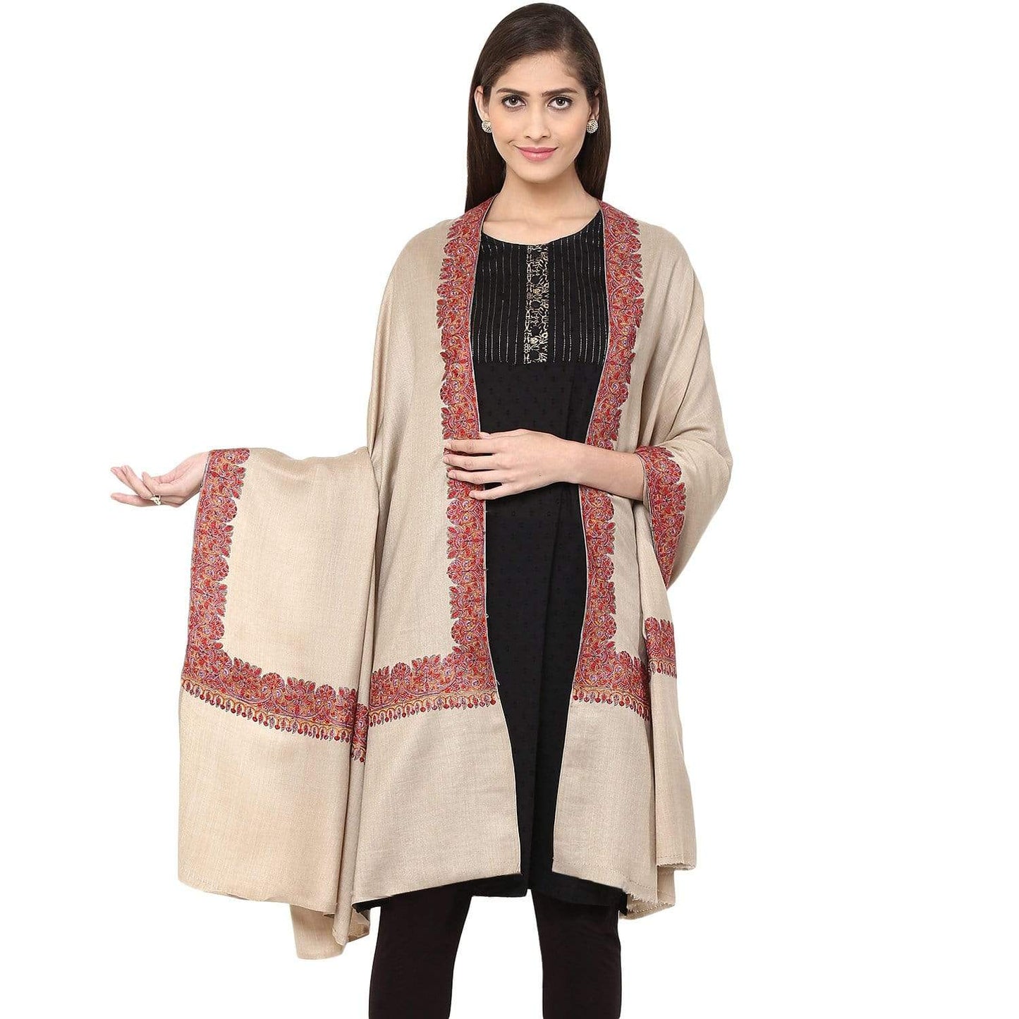 Pashtush Store Shawl Pashtush Women's Wool Shawl embroidered border beige