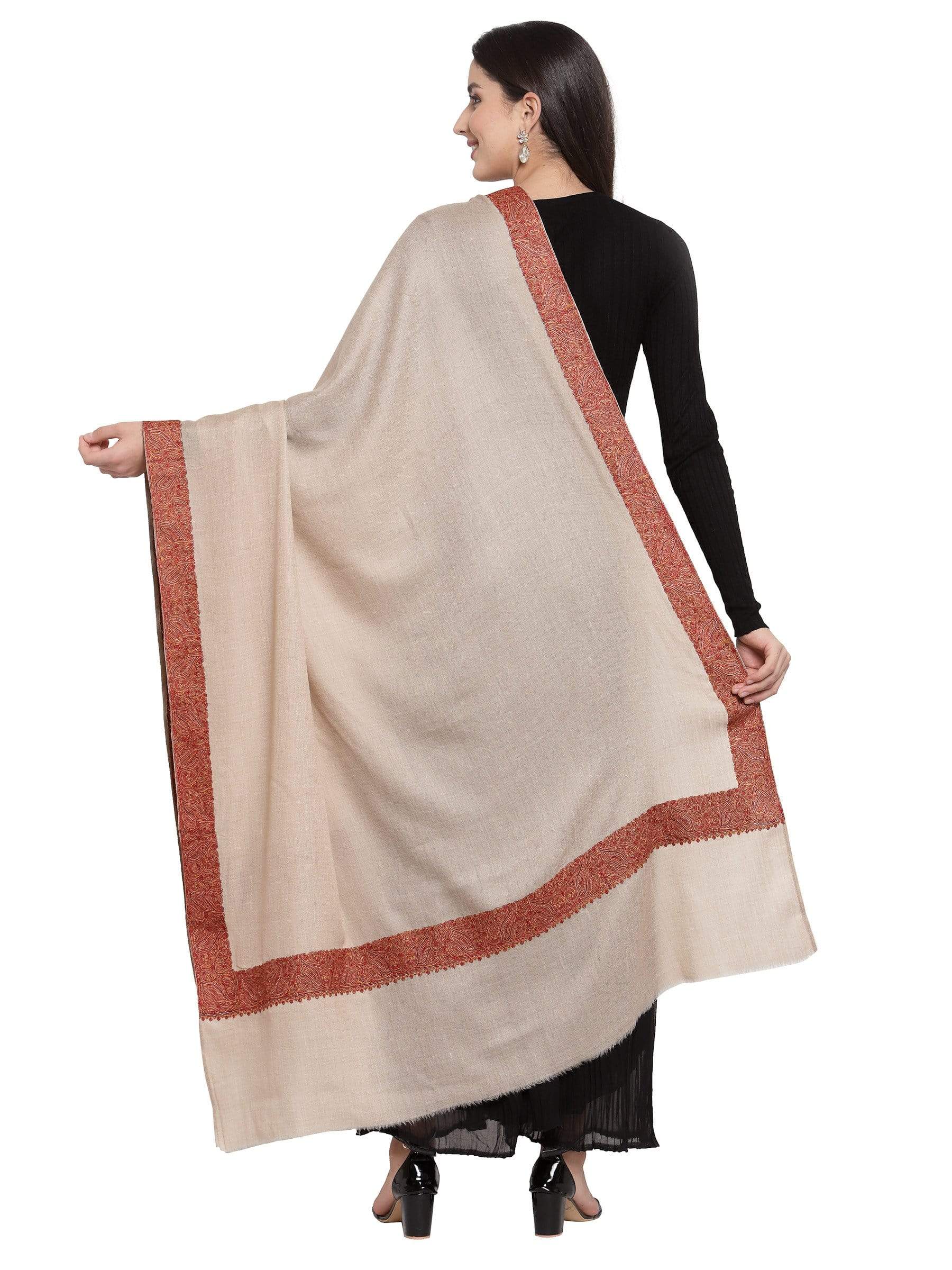 Pashtush India 100x200 Pashtush Women's Wool Shawl embroidered border, Beige