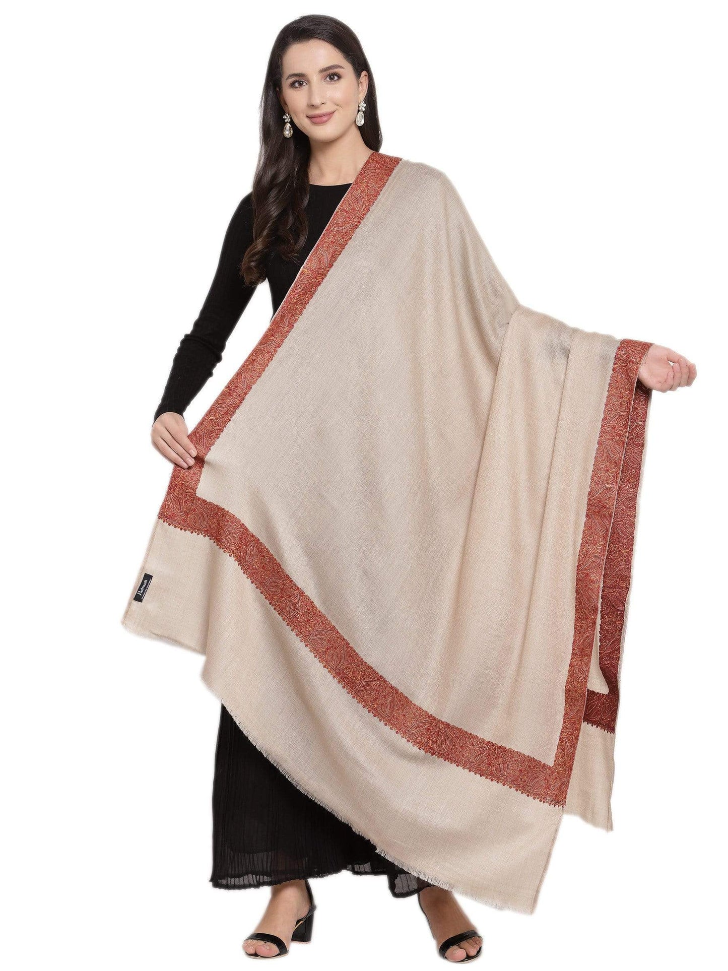 Pashtush India 100x200 Pashtush Women's Wool Shawl embroidered border, Beige