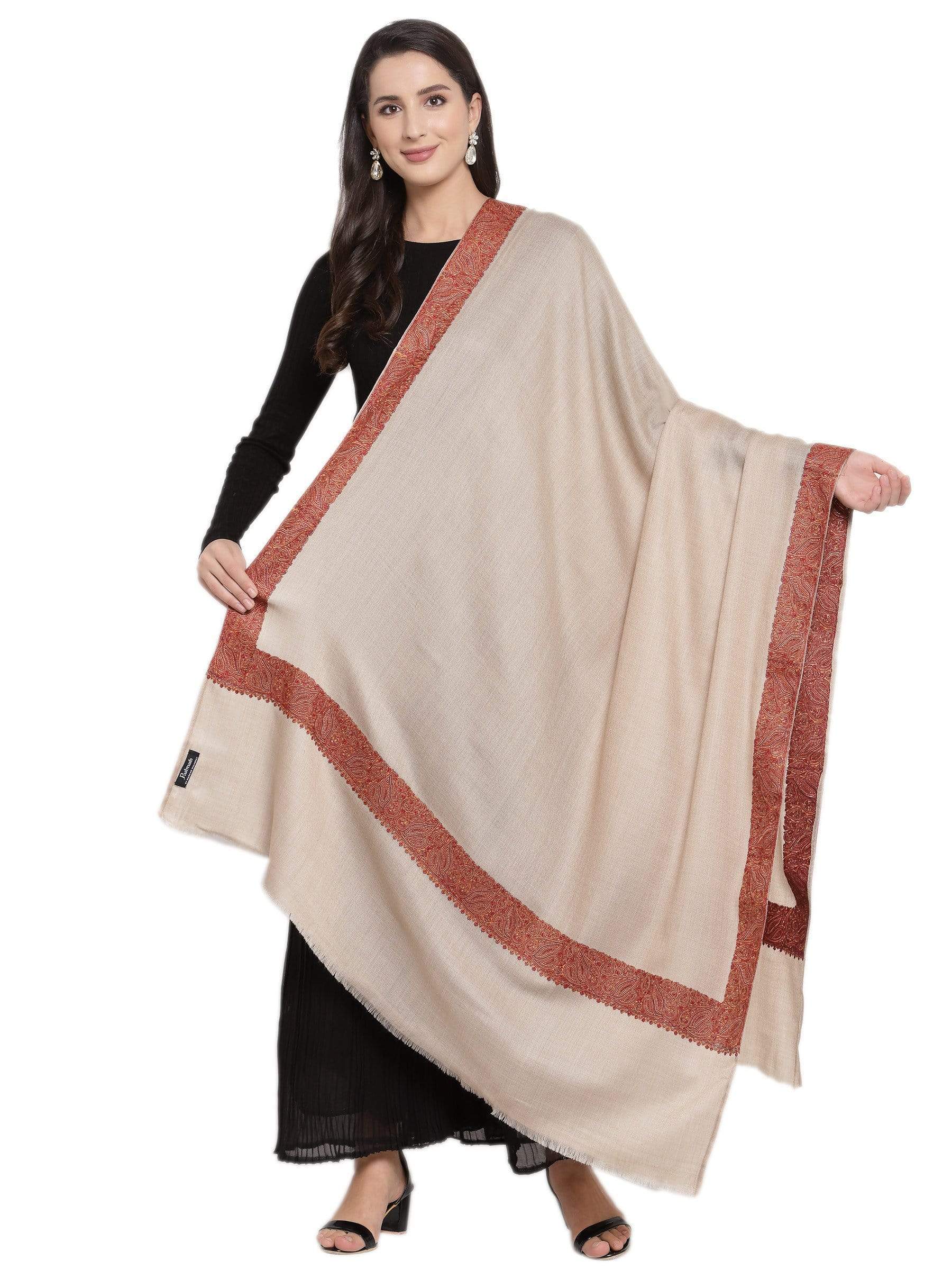 Pashtush India 100x200 Pashtush Women's Wool Shawl embroidered border, Beige