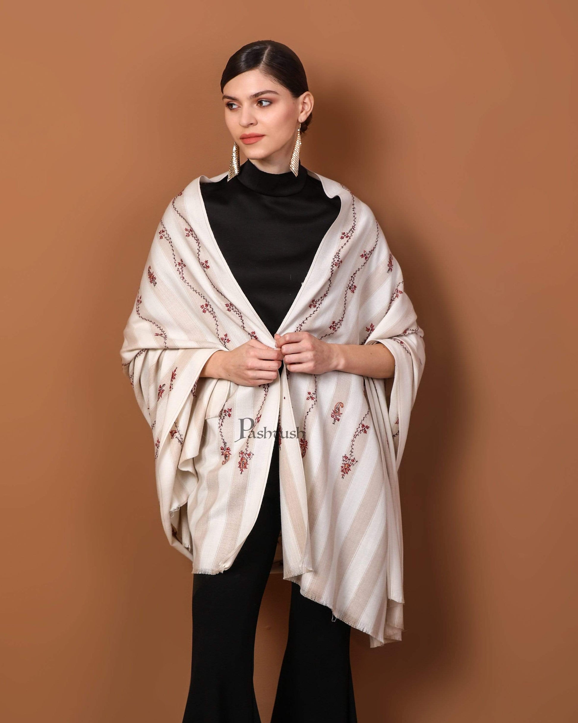 Pashtush India 100x200 Pashtush Women's Wool Shawl, Hand Embroidery, 100% hand-made (Ivory)