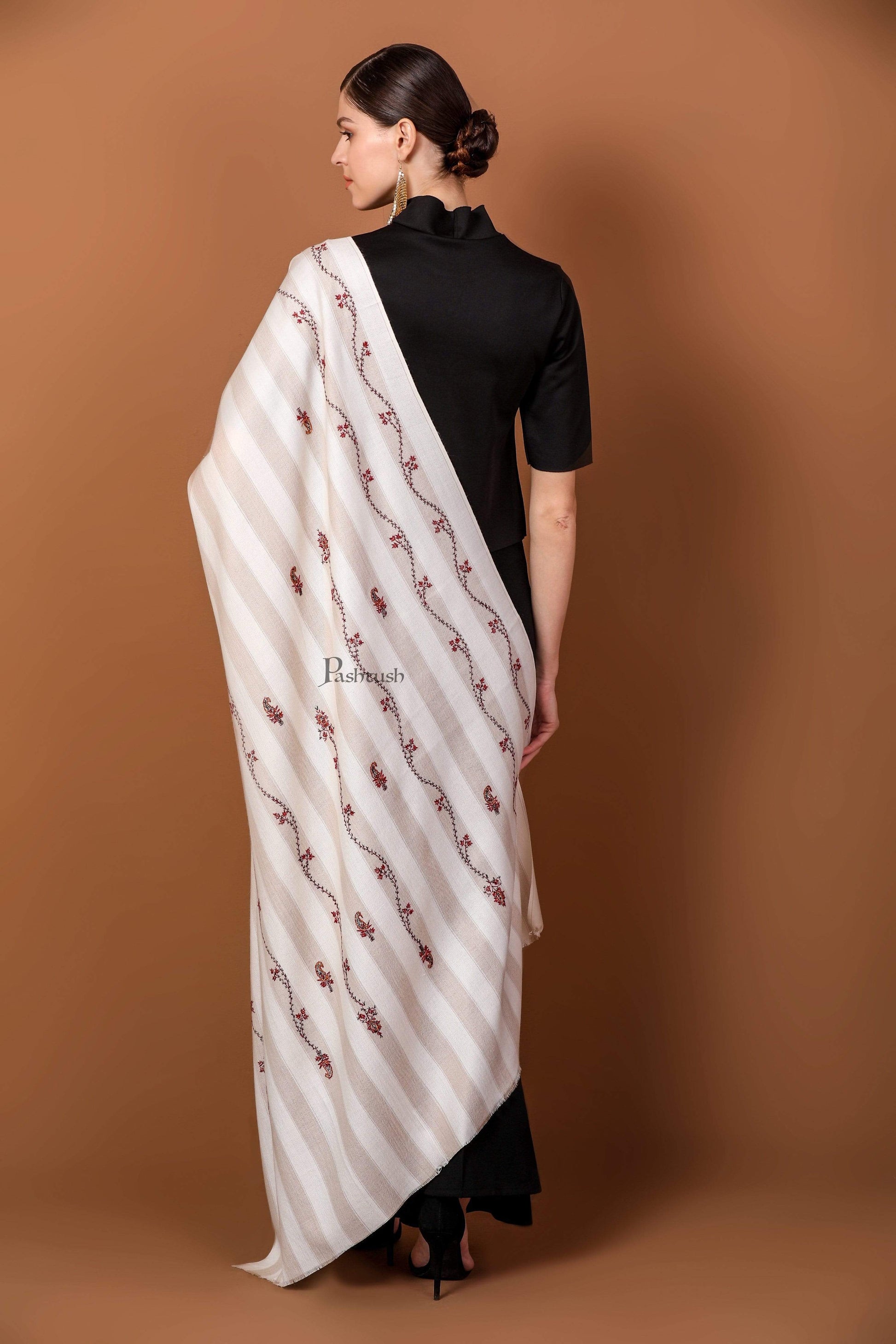 Pashtush India 100x200 Pashtush Women's Wool Shawl, Hand Embroidery, 100% hand-made (Ivory)