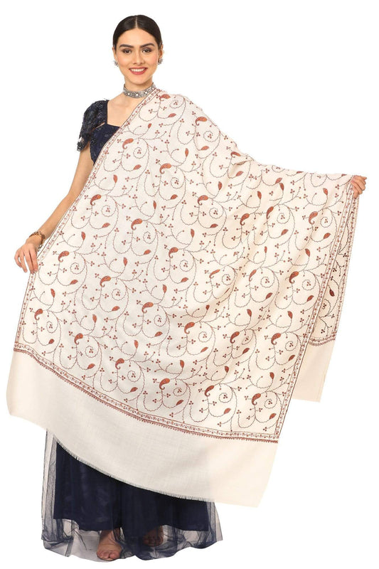Pashtush India Shawl Pashtush Women's Wool Shawl Jaal with Handmade Embroidery Palla (Ivory, Free Size)