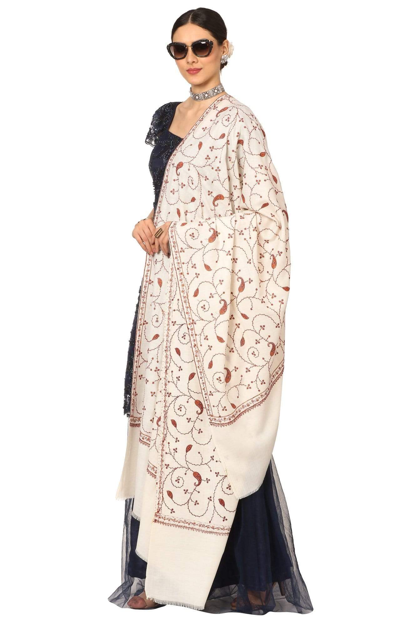 Pashtush India Shawl Pashtush Women's Wool Shawl Jaal with Handmade Embroidery Palla (Ivory, Free Size)