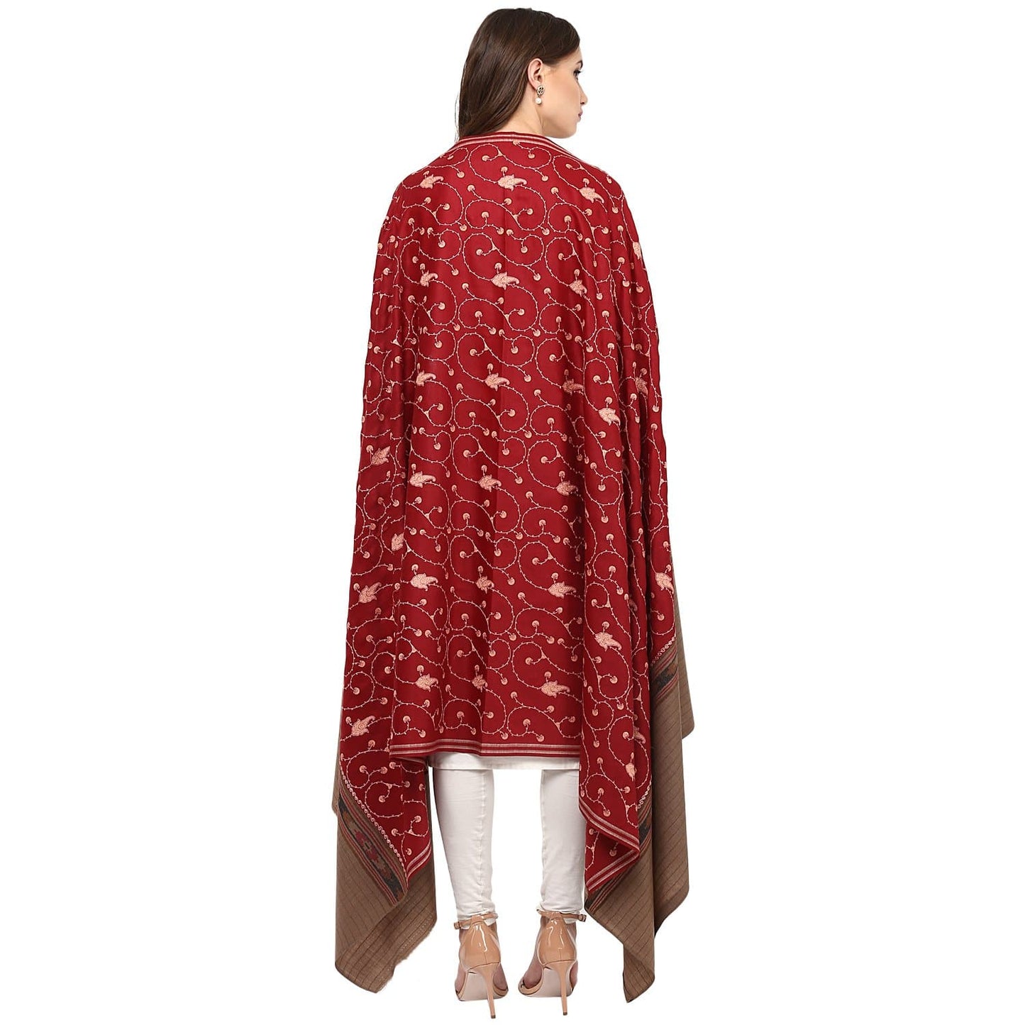 Pashtush Store Shawl Pashtush Women's Wool Shawl Maroon Jaal embroidery with Coffee palla