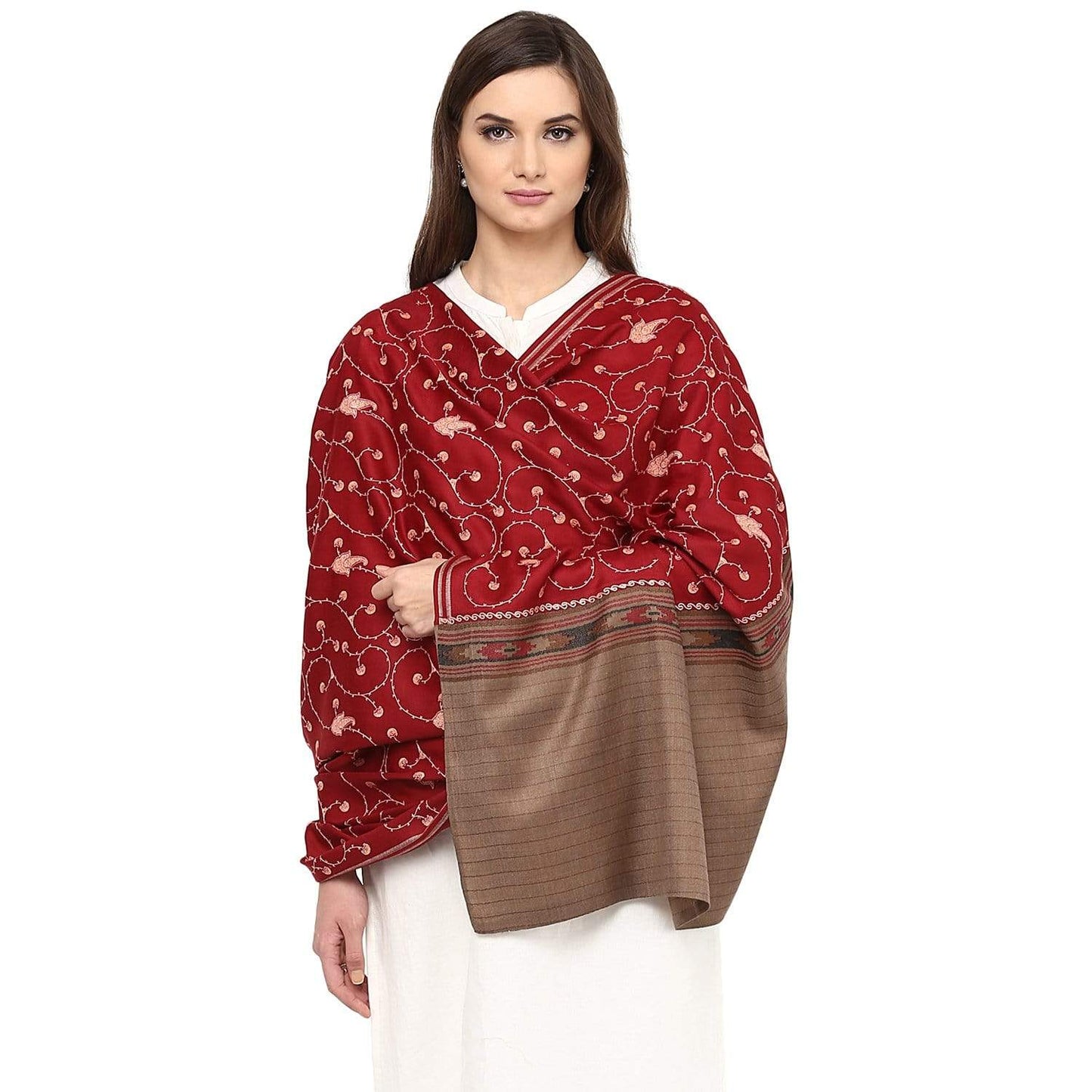 Pashtush Store Shawl Pashtush Women's Wool Shawl Maroon Jaal embroidery with Coffee palla
