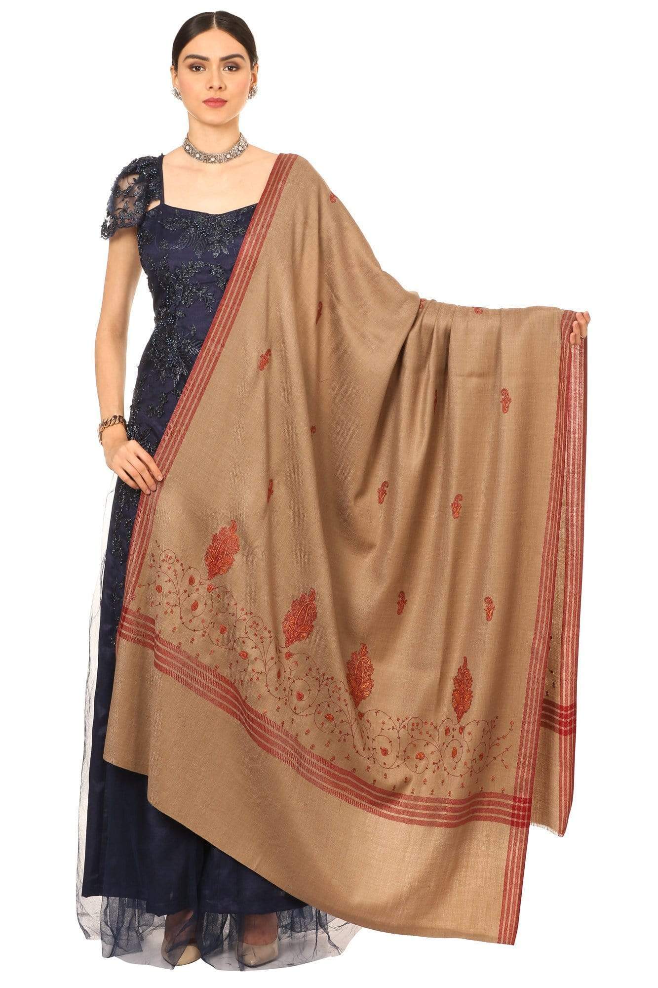 Pashtush India 114x228 Pashtush Women's Wool Shawl with Kashmiri Embroidery (Taupe , Large Size)