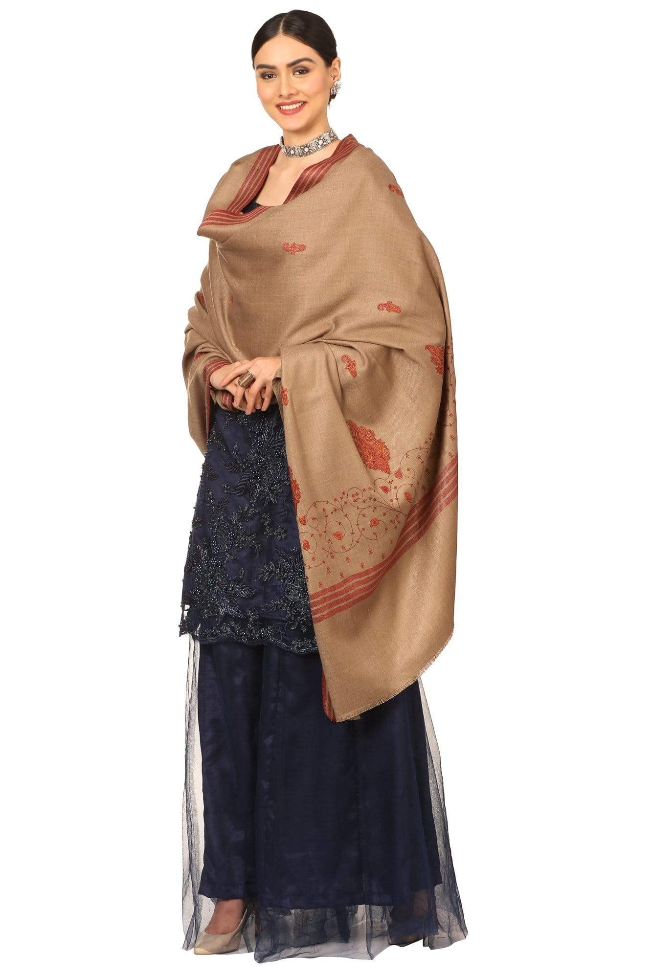 Pashtush India 114x228 Pashtush Women's Wool Shawl with Kashmiri Embroidery (Taupe , Large Size)
