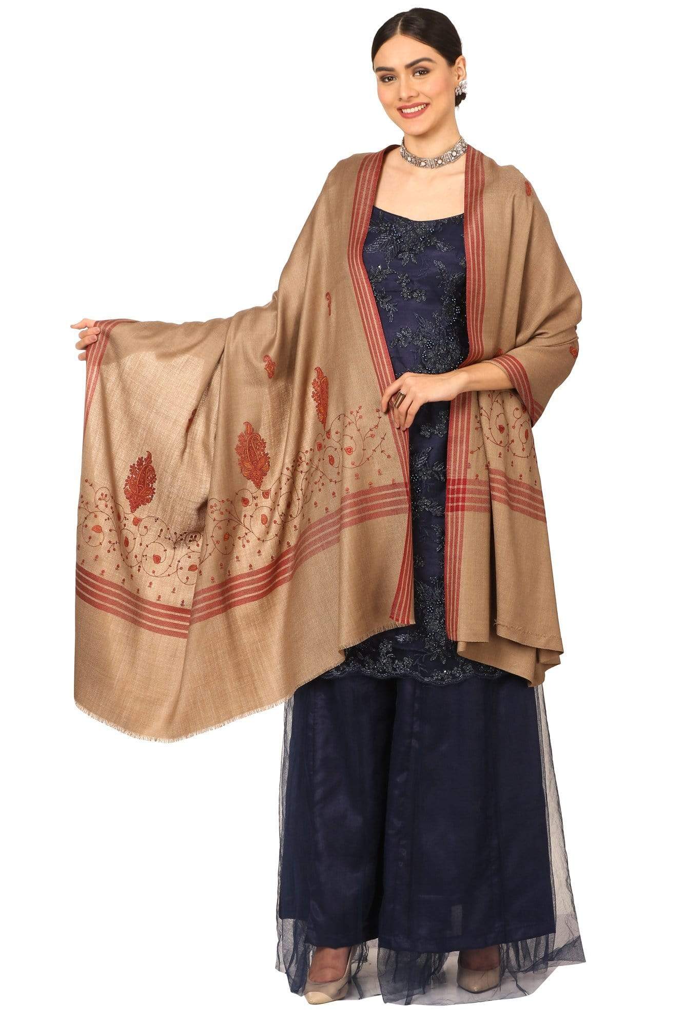 Pashtush India 114x228 Pashtush Women's Wool Shawl with Kashmiri Embroidery (Taupe , Large Size)