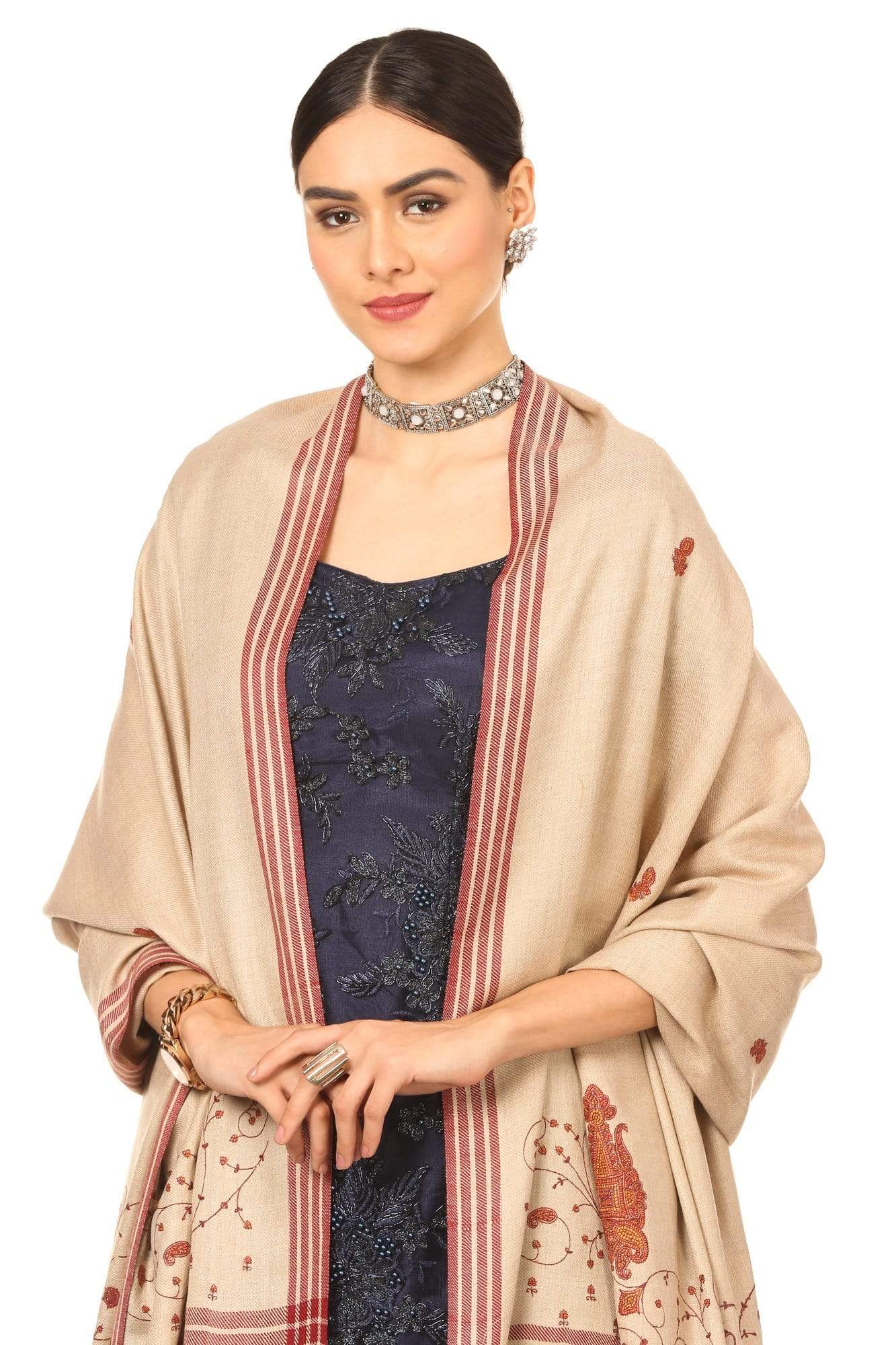 Pashtush India Shawl Pashtush Women's Wool Shawl with Kashmiri Hand Embroidery (Taupe , Free Size)