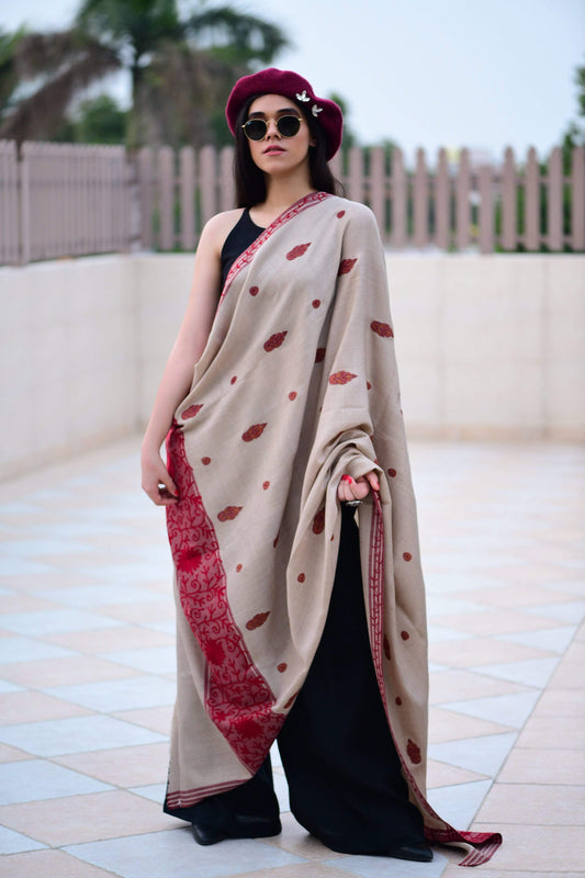 Pashtush India Shawl Pashtush Women's Wool Shawl with Kashmiri Hand Embroidery - Taupe - Large Size