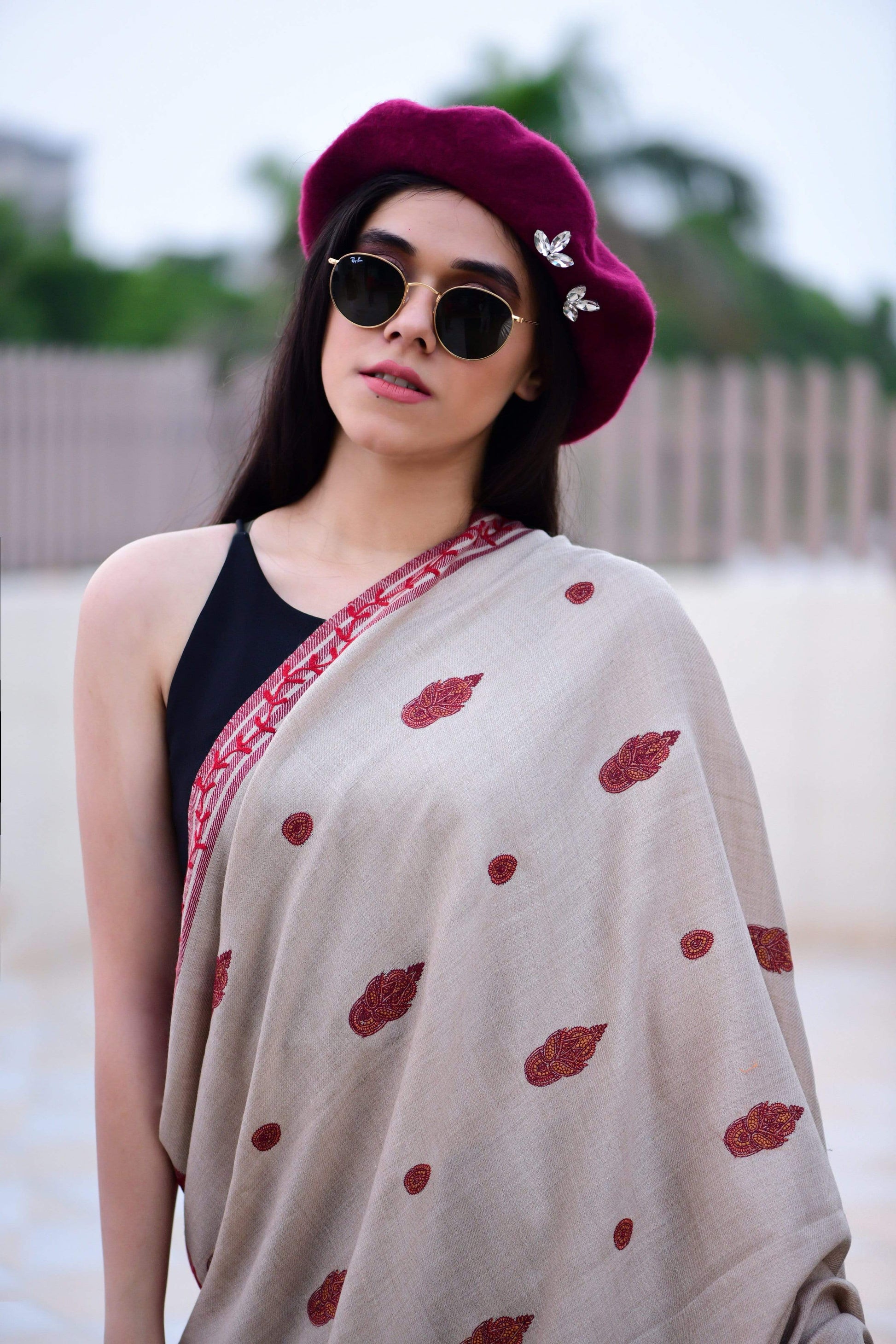 Pashtush India Shawl Pashtush Women's Wool Shawl with Kashmiri Hand Embroidery - Taupe - Large Size