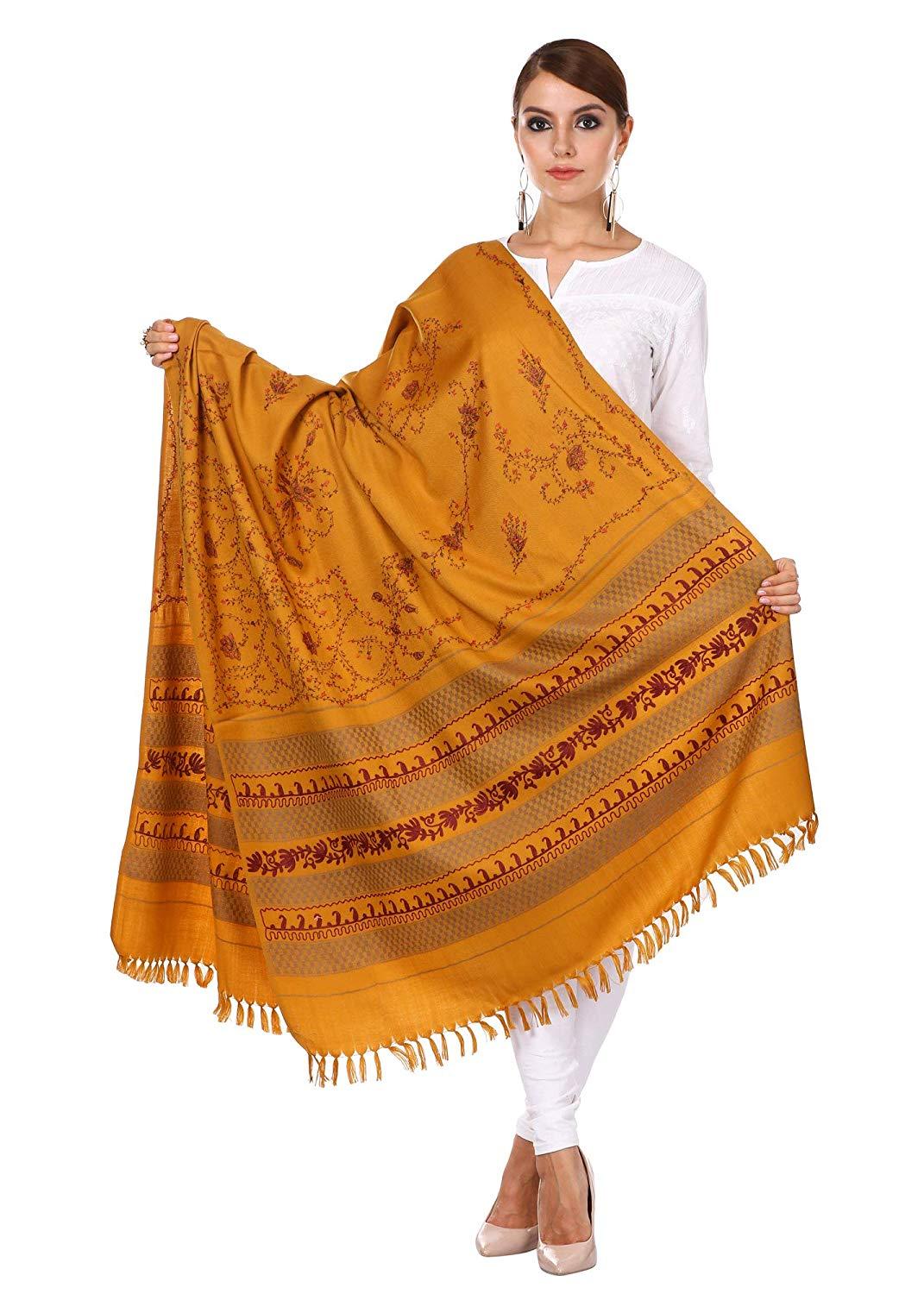 Pashtush Shawl Store Shawl Pashtush Women's Wool Shawl with Kashmiri Hand Embroidery, warm and 100% hand-made (Kashmiri Mustard)