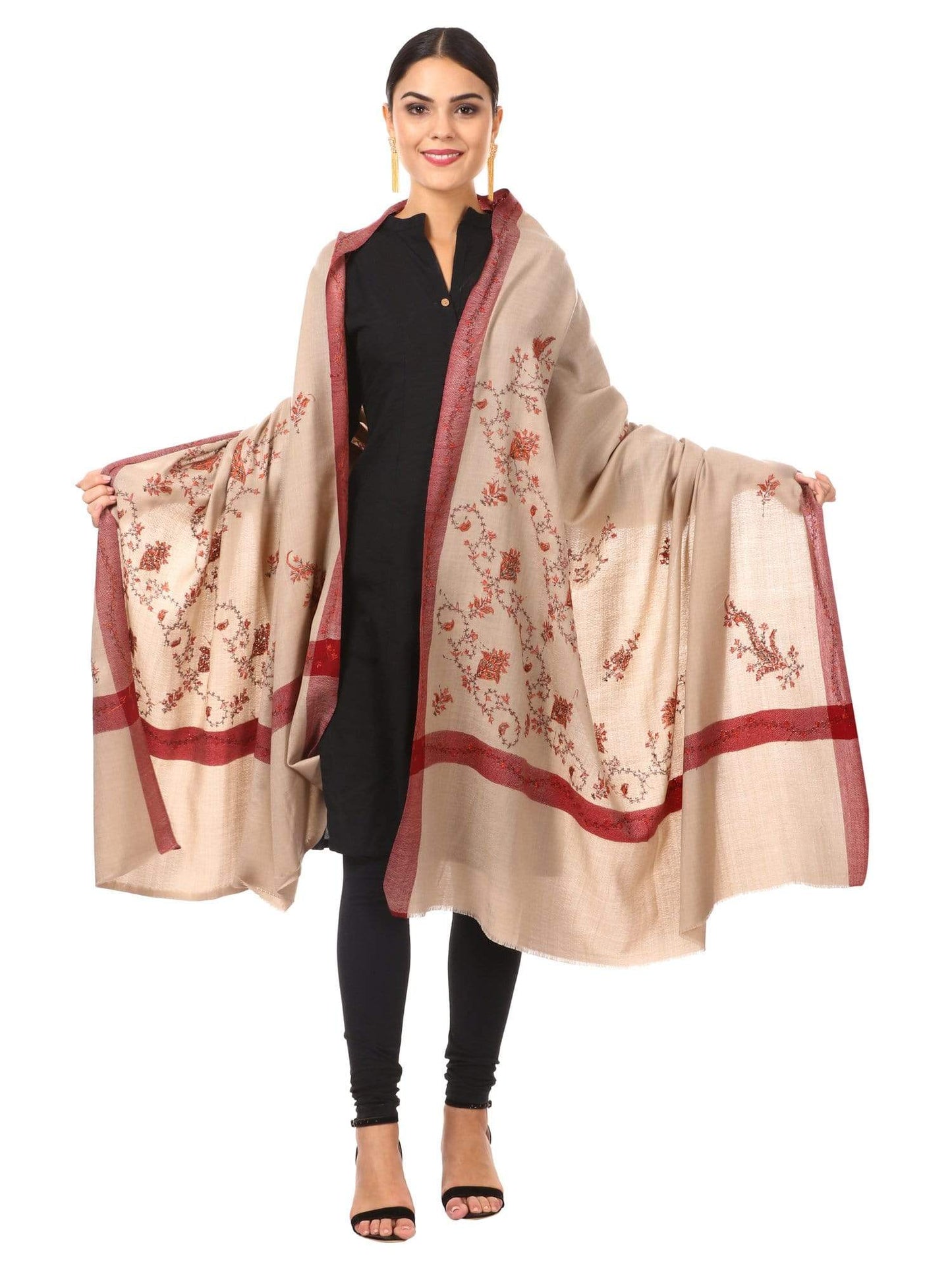 Pashtush Shawl Store Shawl Pashtush Women's Wool Shawl with Kashmiri Hand Embroidery, warm and 100% hand-made (Taupe)