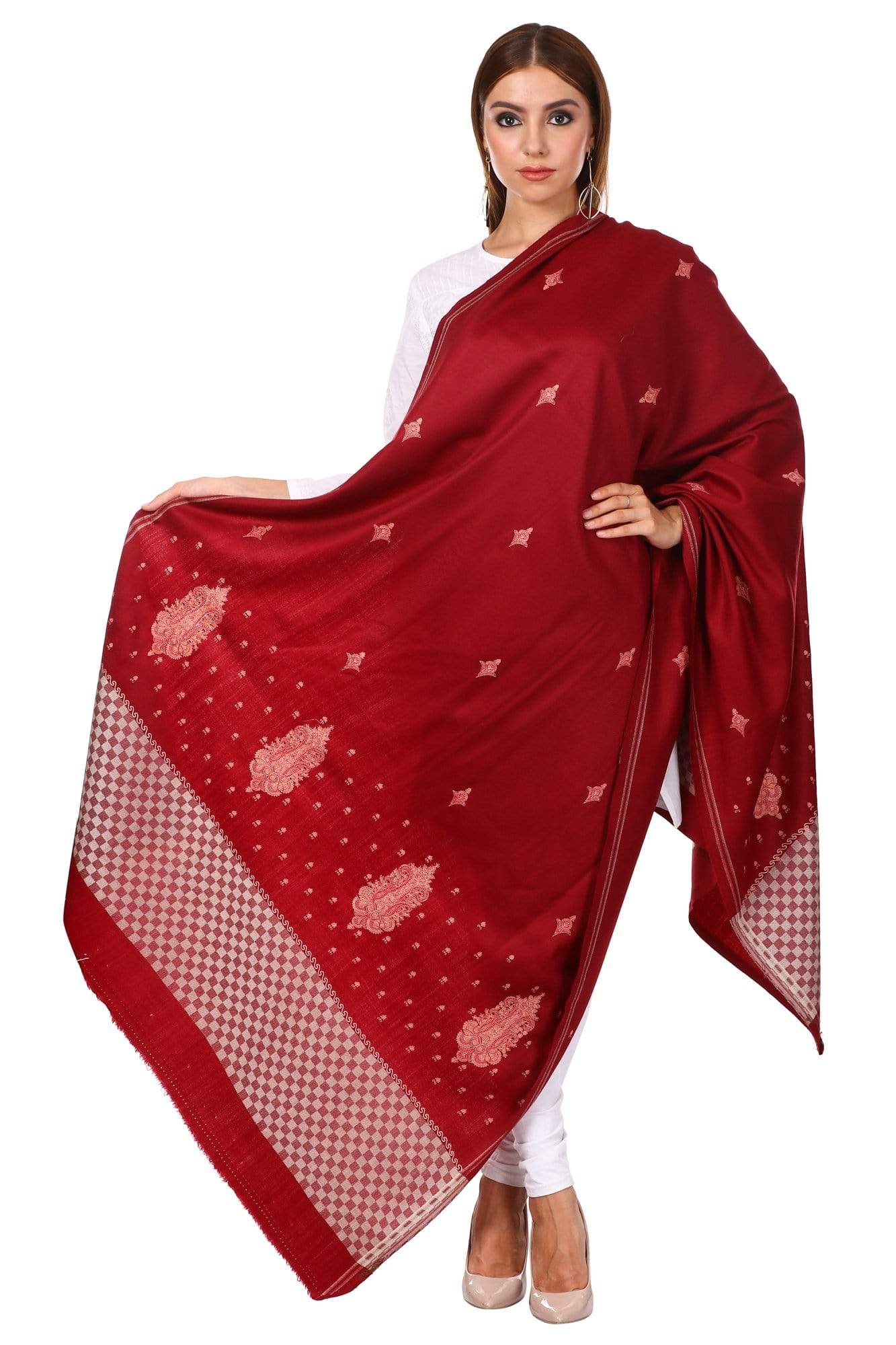 Pashtush Shawl Store Shawl Pashtush Women's Wool Shawl with Kashmiri Sozni Embroidery, Kashmiri Shawl Needlework Embroidery, Checkered Weave (Maroon)