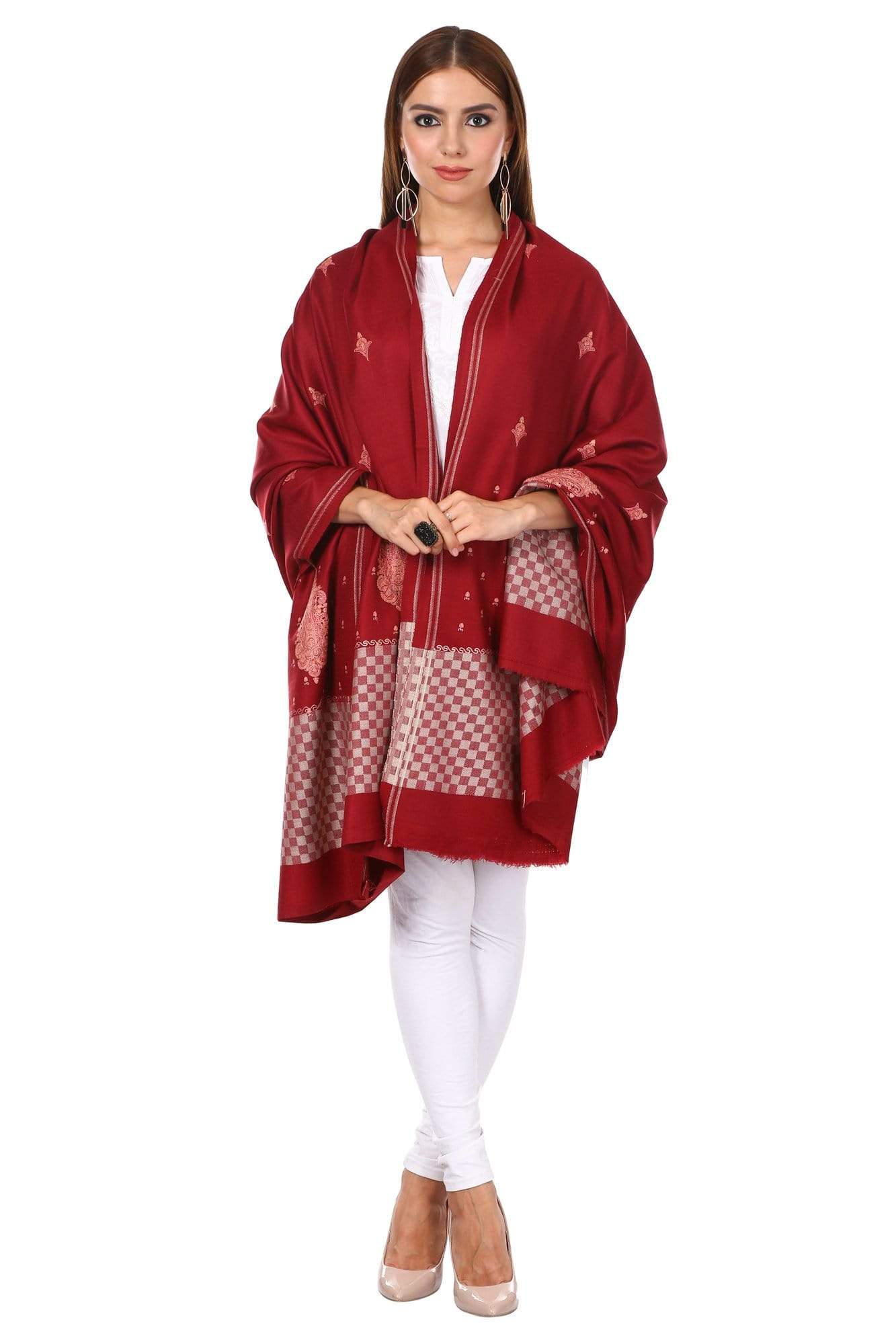 Pashtush Shawl Store Shawl Pashtush Women's Wool Shawl with Kashmiri Sozni Embroidery, Kashmiri Shawl Needlework Embroidery, Checkered Weave (Maroon)