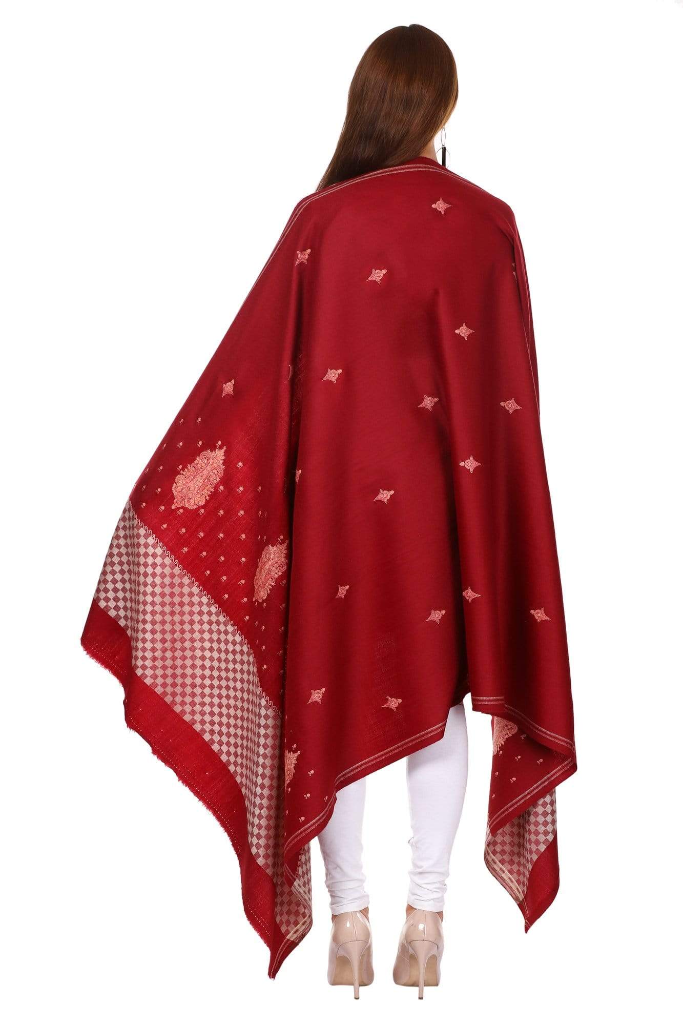 Pashtush Shawl Store Shawl Pashtush Women's Wool Shawl with Kashmiri Sozni Embroidery, Kashmiri Shawl Needlework Embroidery, Checkered Weave (Maroon)