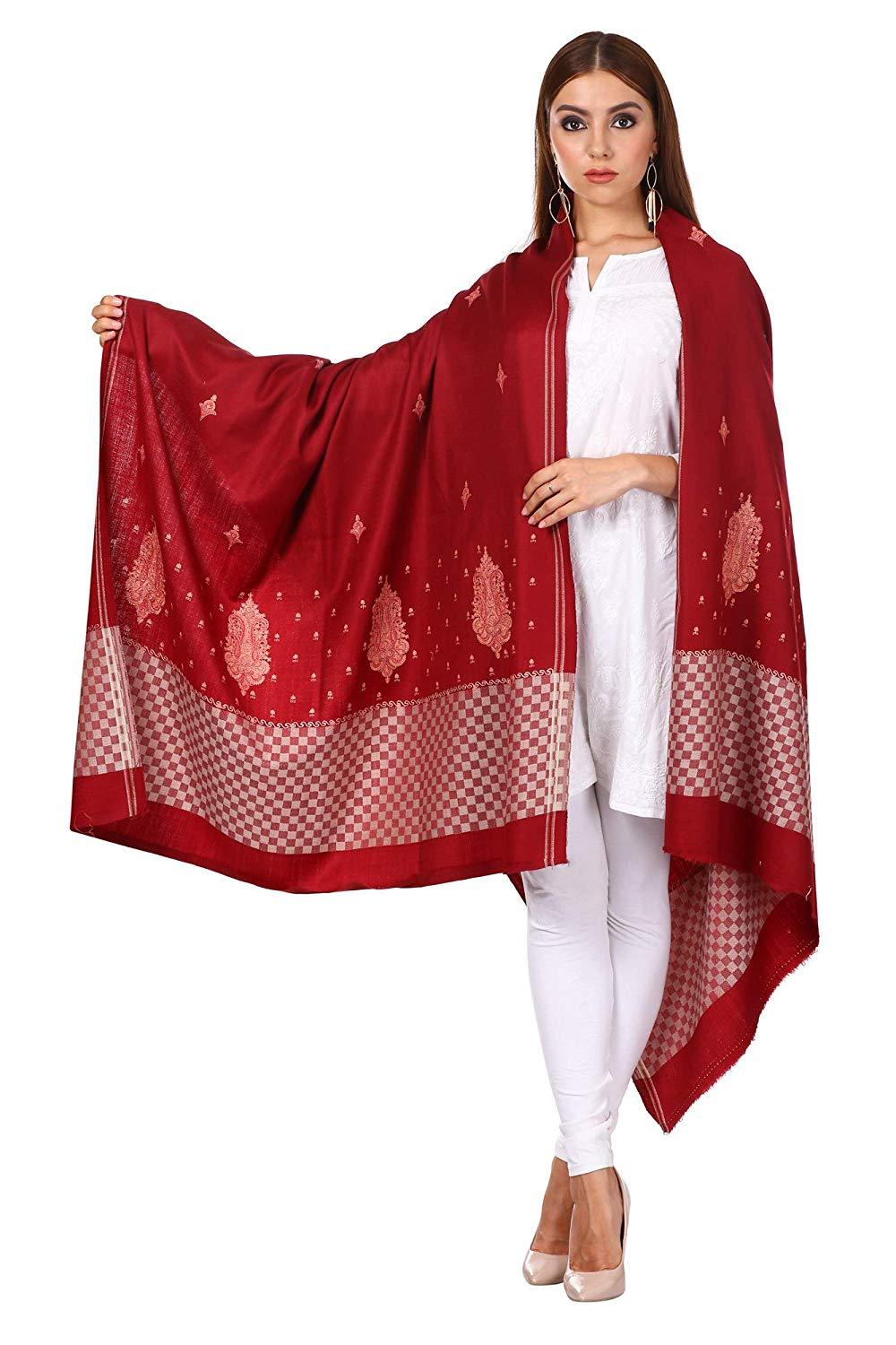 Pashtush Shawl Store Shawl Pashtush Women's Wool Shawl with Kashmiri Sozni Embroidery, Kashmiri Shawl Needlework Embroidery, Checkered Weave (Maroon)