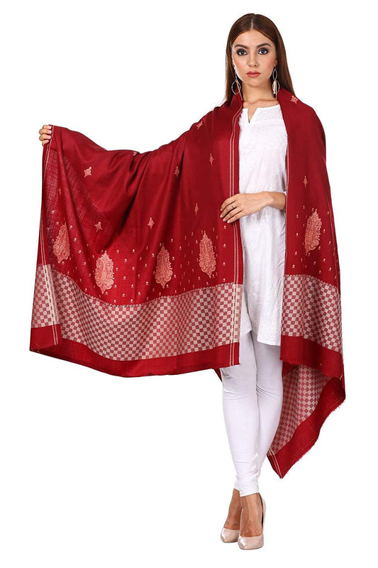 Pashtush Shawl Store Shawl Pashtush Women's Wool Shawl with Kashmiri Sozni Embroidery, Kashmiri Shawl Needlework Embroidery, Checkered Weave (Maroon)