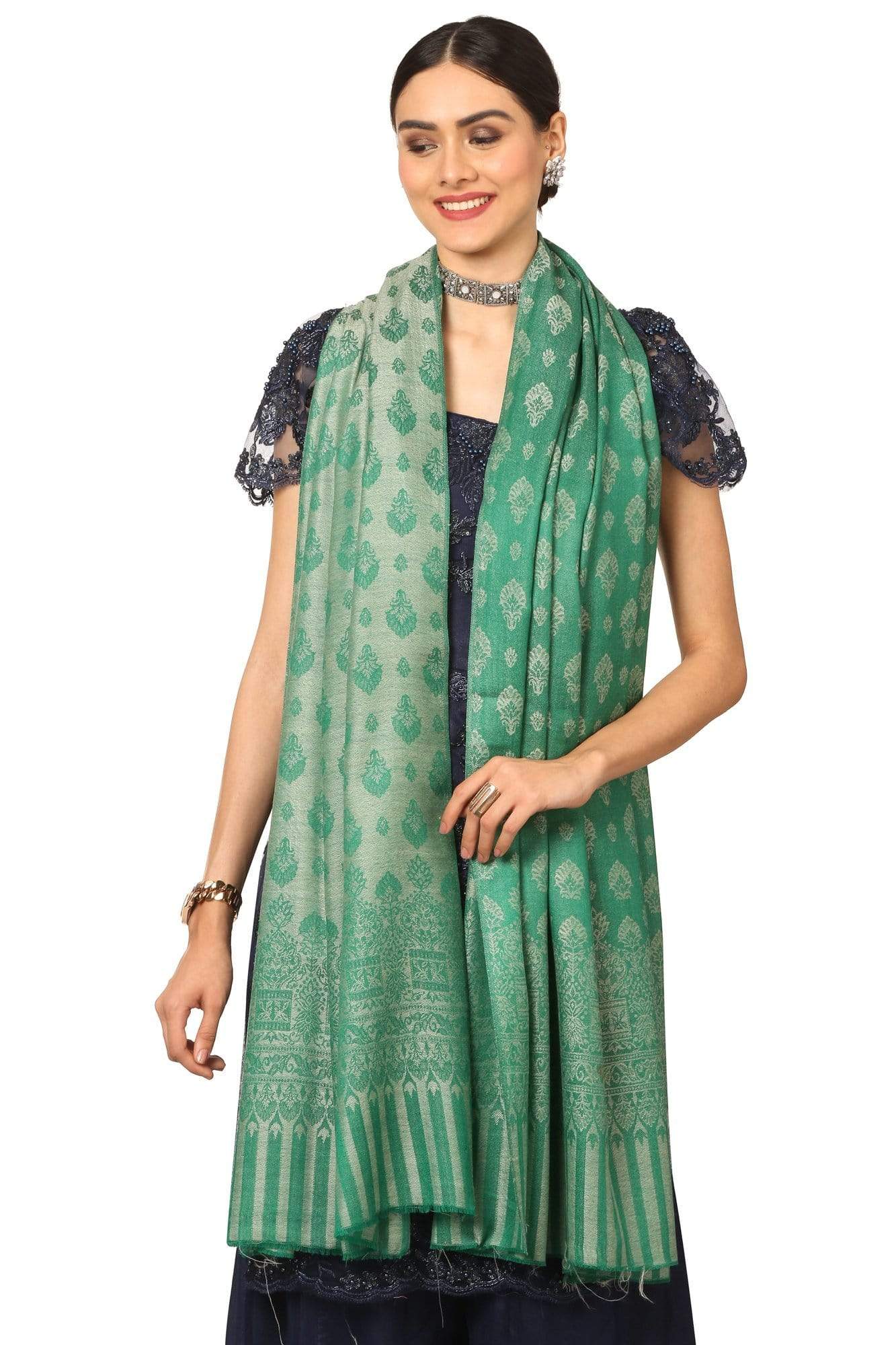Pashtush India Shawl Pashtush Women's Wool Ultra Soft Fine Wool Cashmere Blended Shawl with Paiseley Weave (40 x 80 Inches) - Green