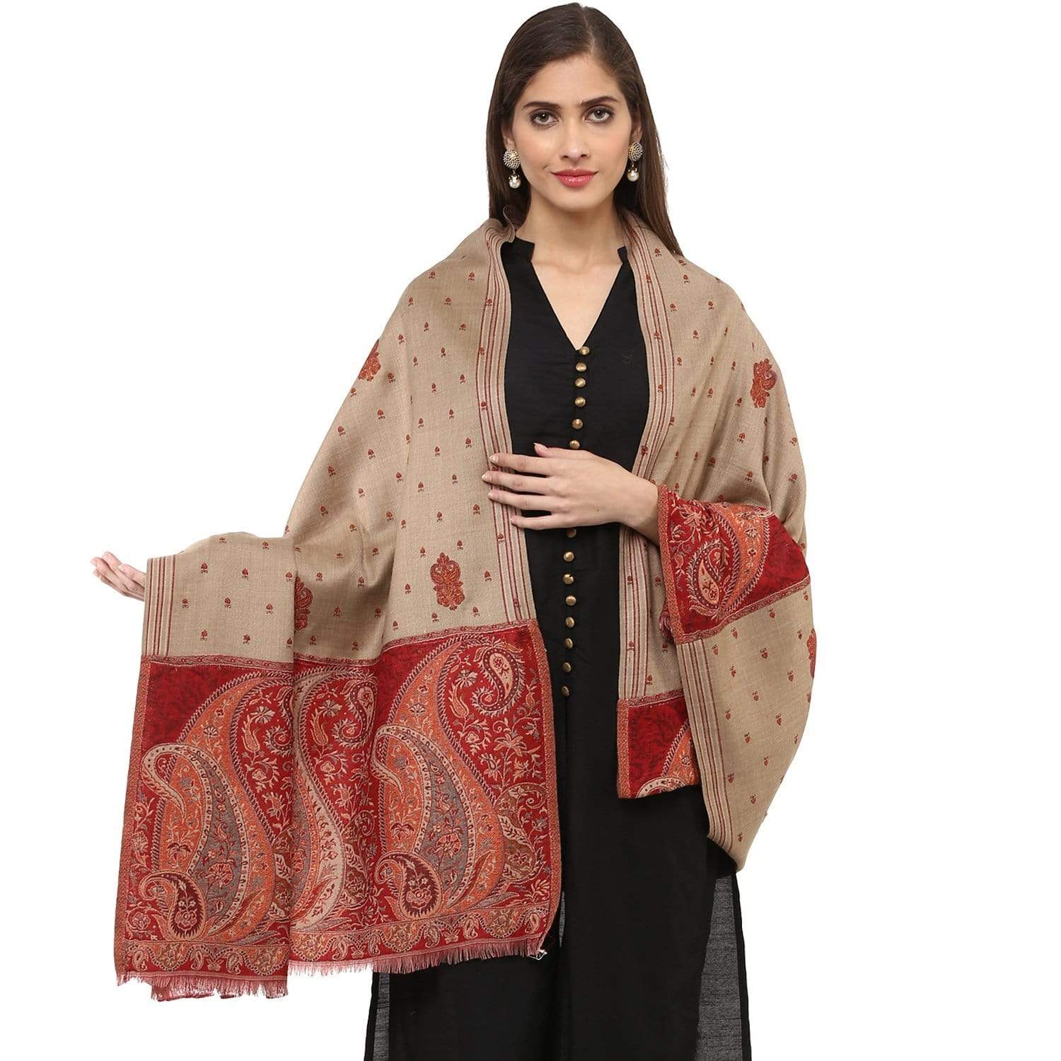 Pashtush Shawl Store Shawl Pashtush Women's Woollen Shawl with Paisley Palla Beige