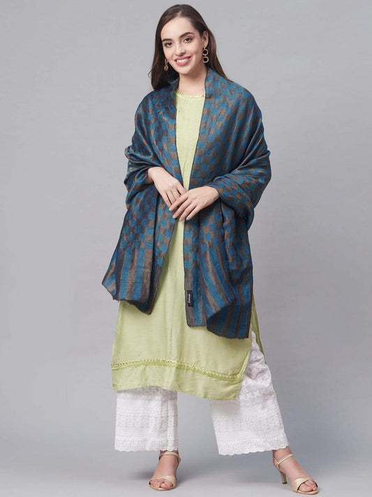 Pashtush India 70x200 Pashtush Women Teal Blue  Charcoal Grey Woven Design Designer Stole