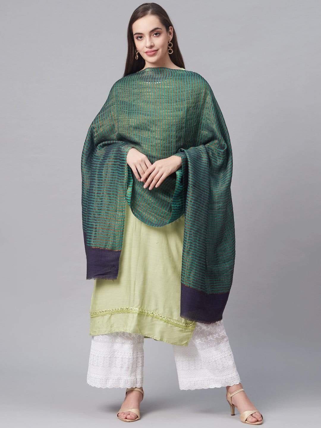 Pashtush India 70x200 Pashtush Women Teal Blue Golden Striped Designer Stole