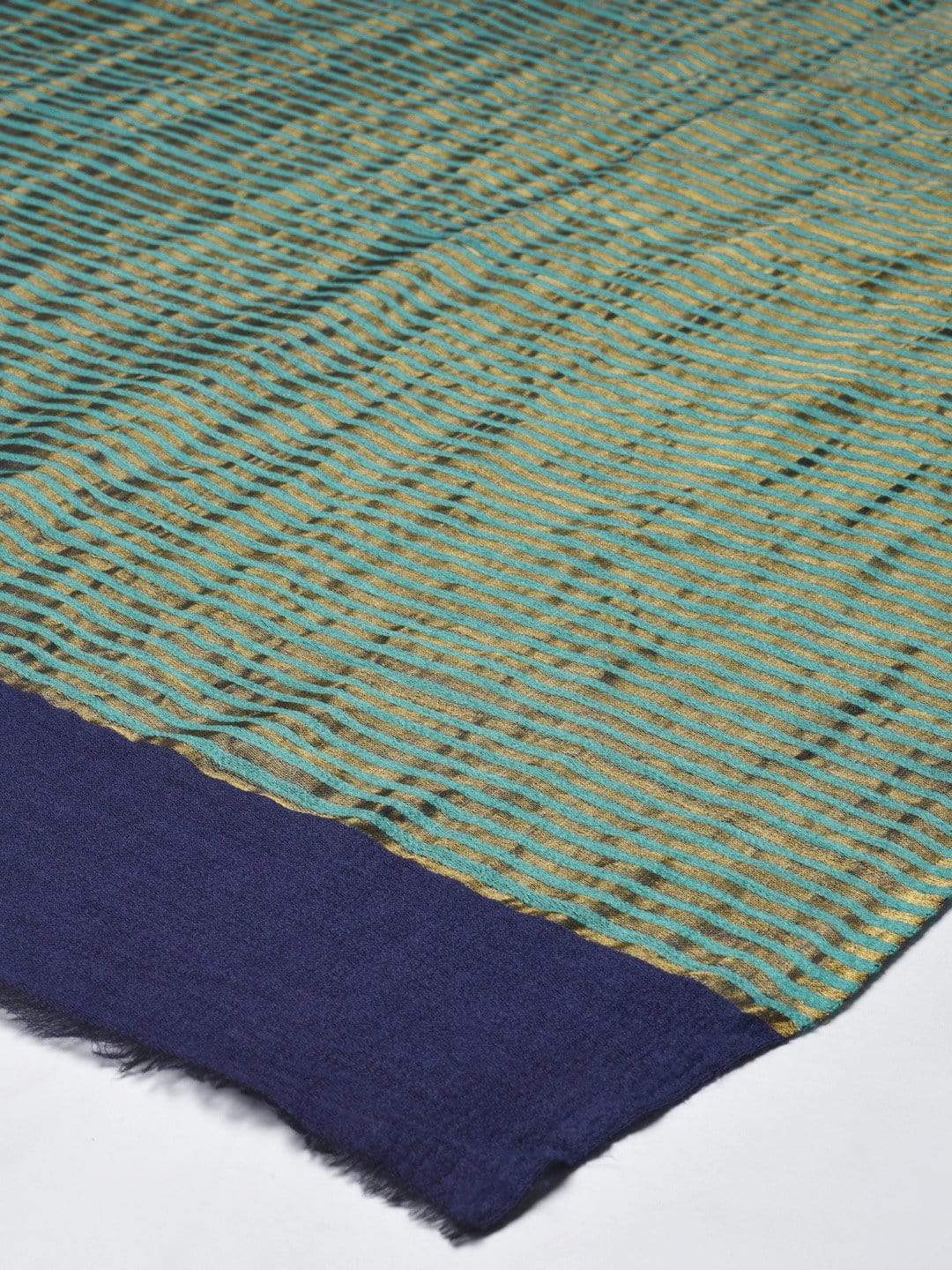 Pashtush India 70x200 Pashtush Women Teal Blue Golden Striped Designer Stole