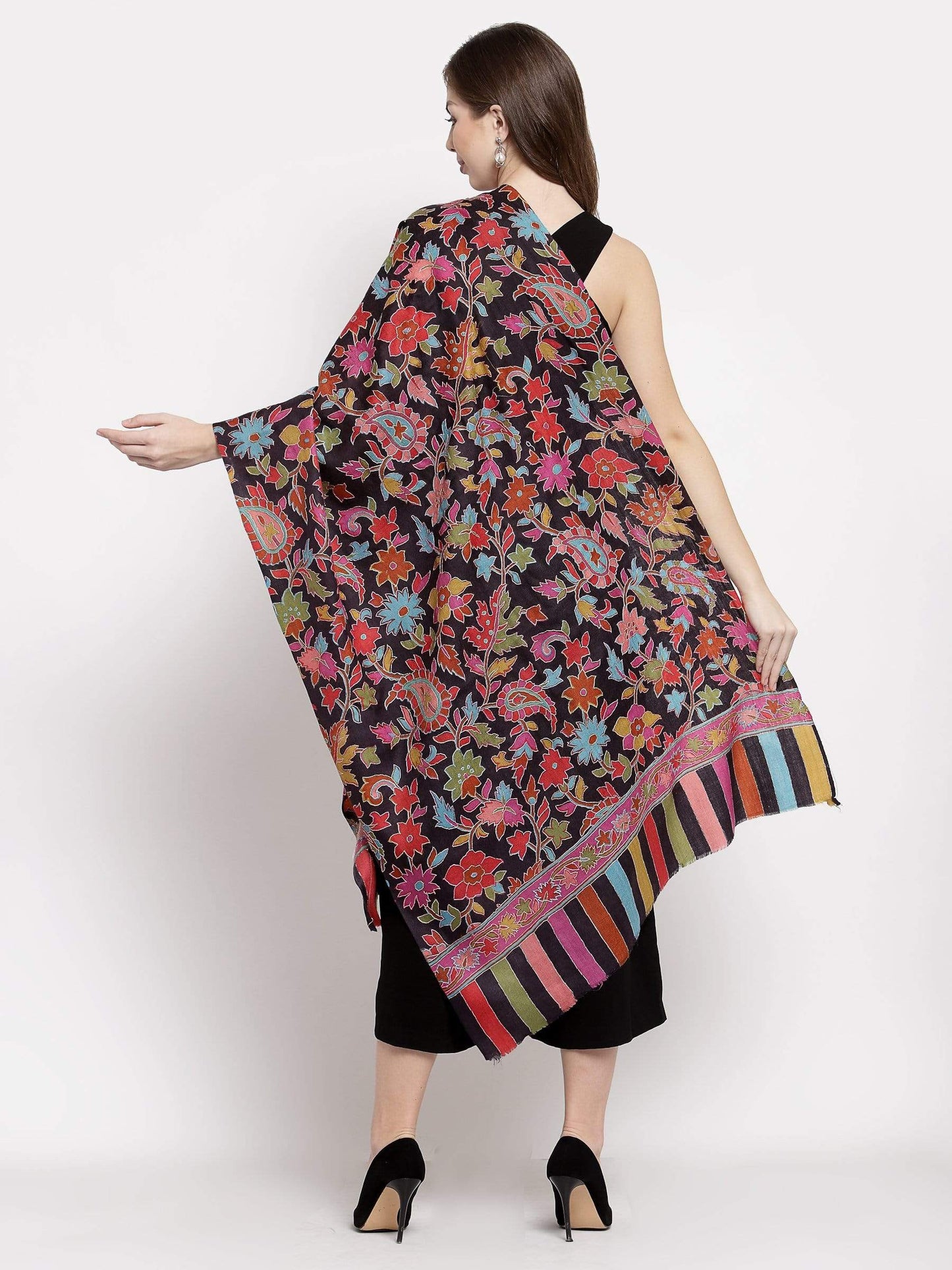 Pashtush India 70x200 Pashtush Womens 100% hand Embroidered Kalamkari Fine Wool Hand Printed Stole, Rich Black