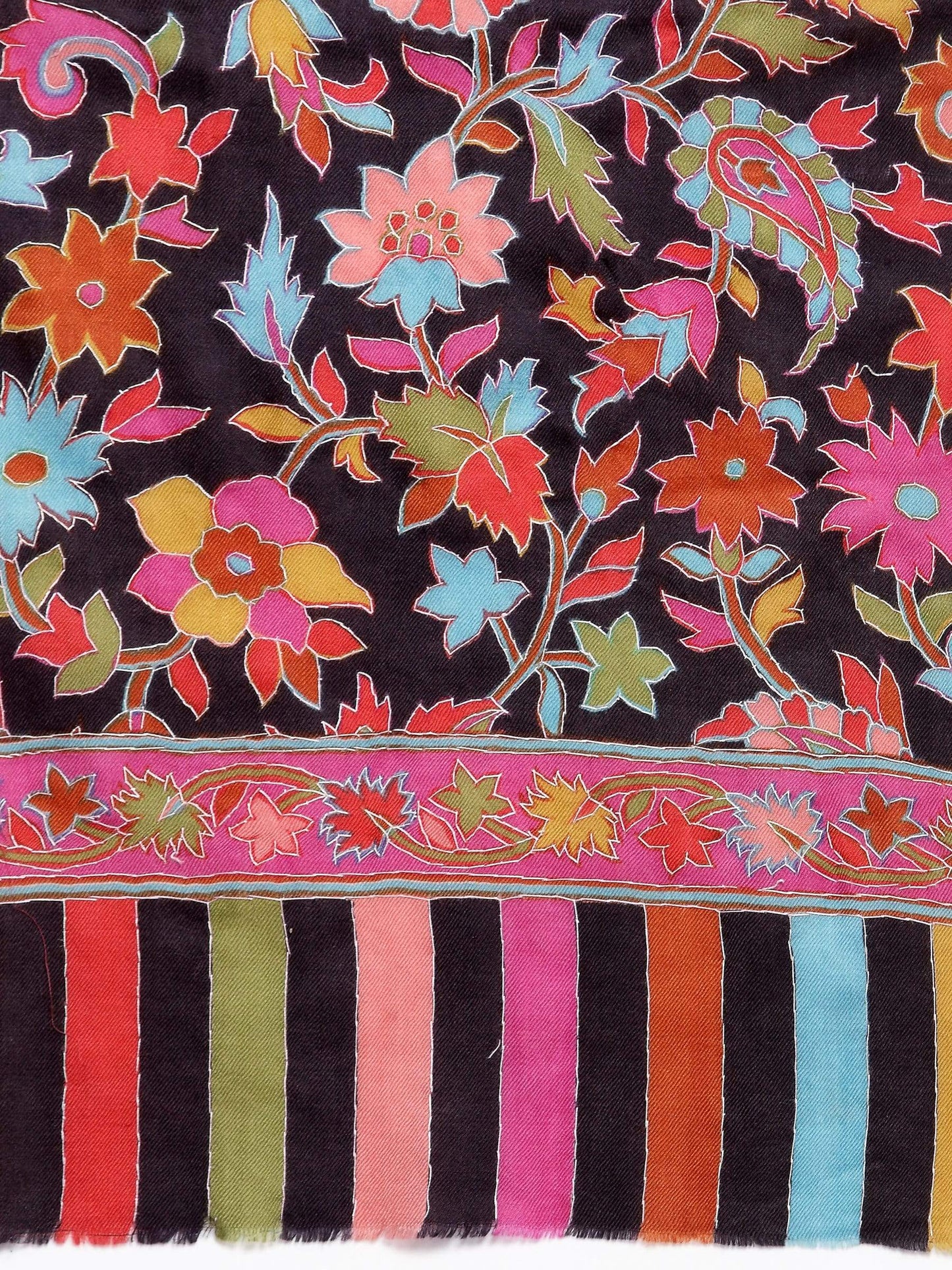 Pashtush India 70x200 Pashtush Womens 100% hand Embroidered Kalamkari Fine Wool Hand Printed Stole, Rich Black