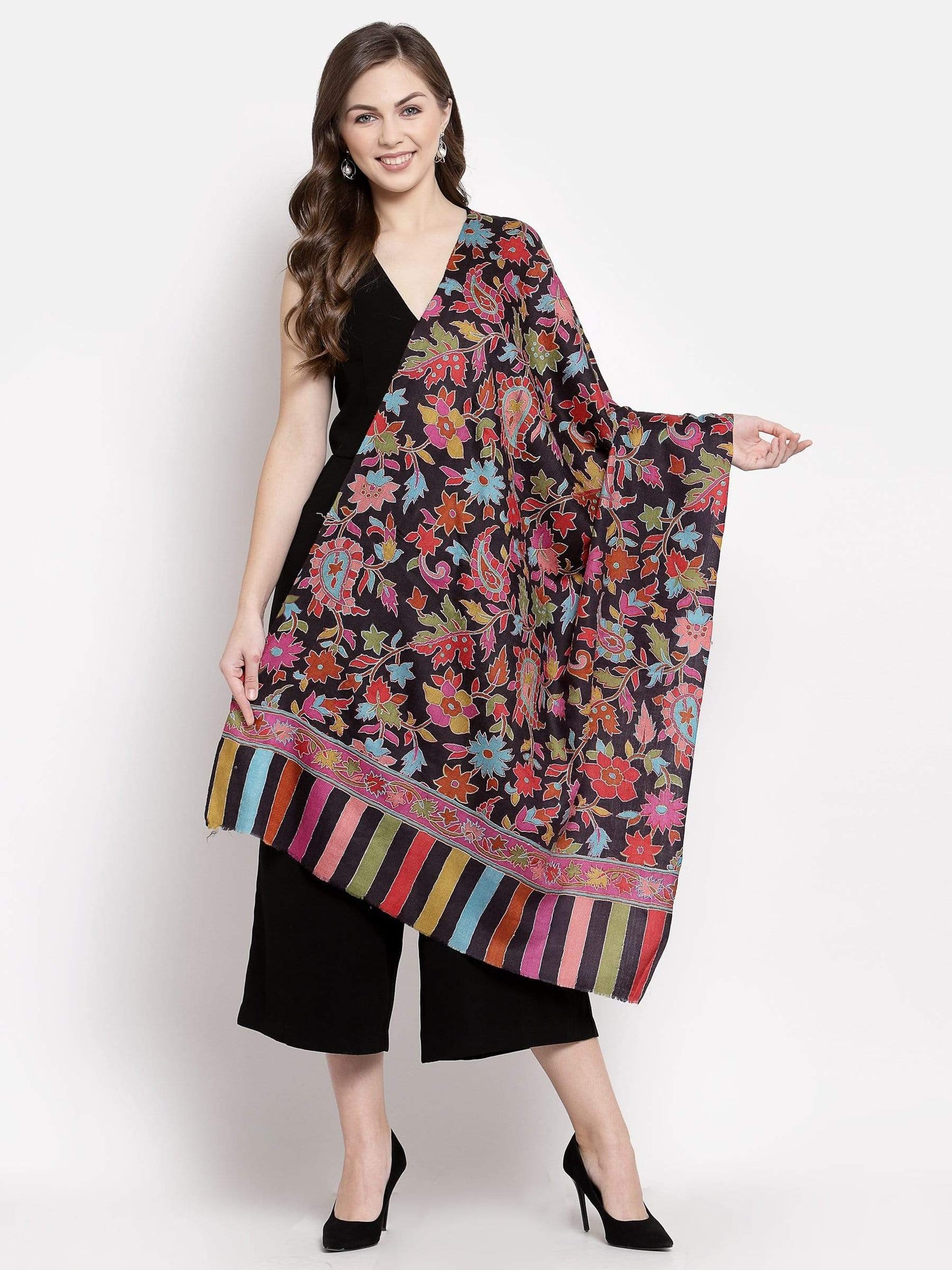 Pashtush India 70x200 Pashtush Womens 100% hand Embroidered Kalamkari Fine Wool Hand Printed Stole, Rich Black