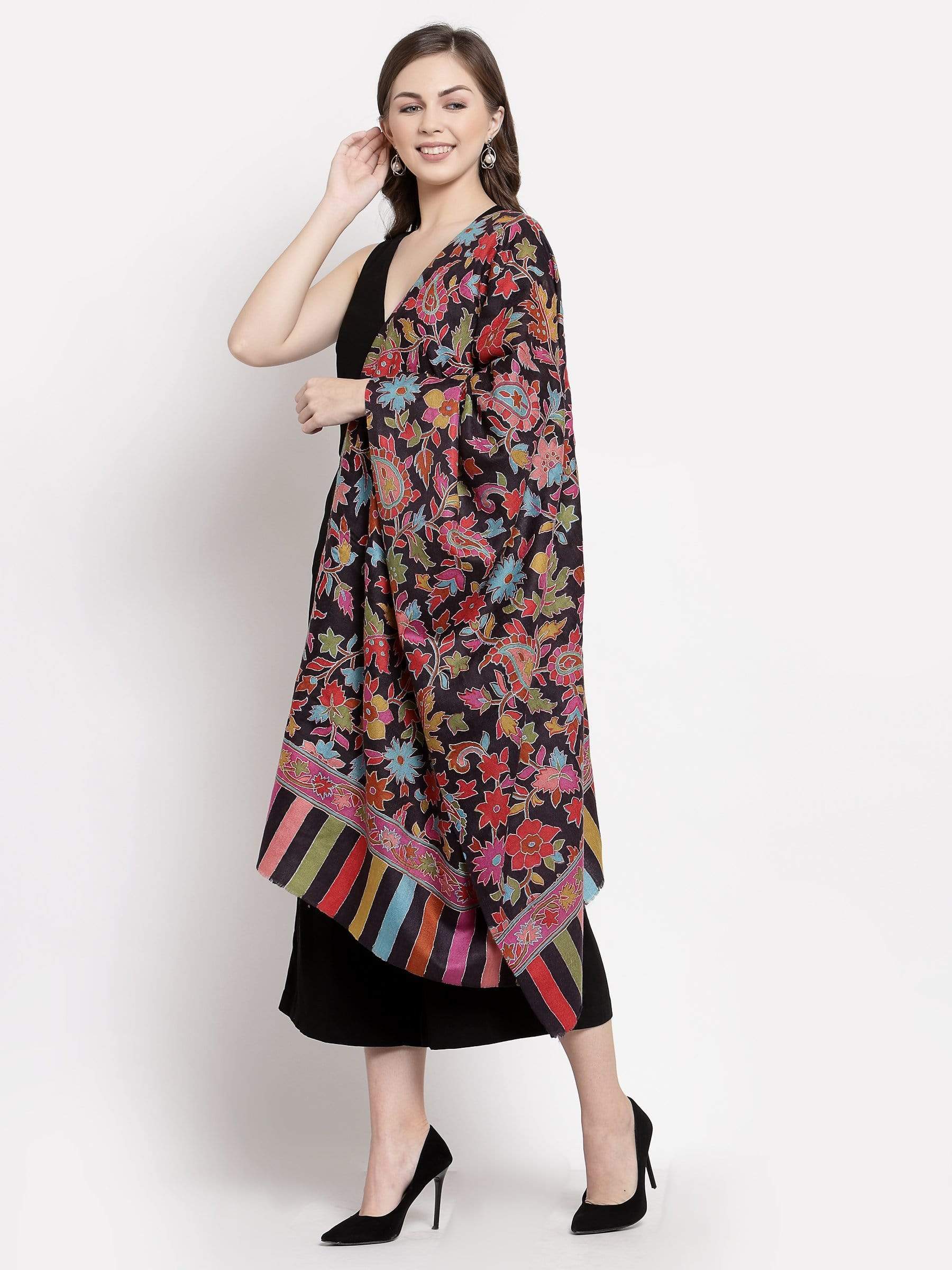 Pashtush India 70x200 Pashtush Womens 100% hand Embroidered Kalamkari Fine Wool Hand Printed Stole, Rich Black