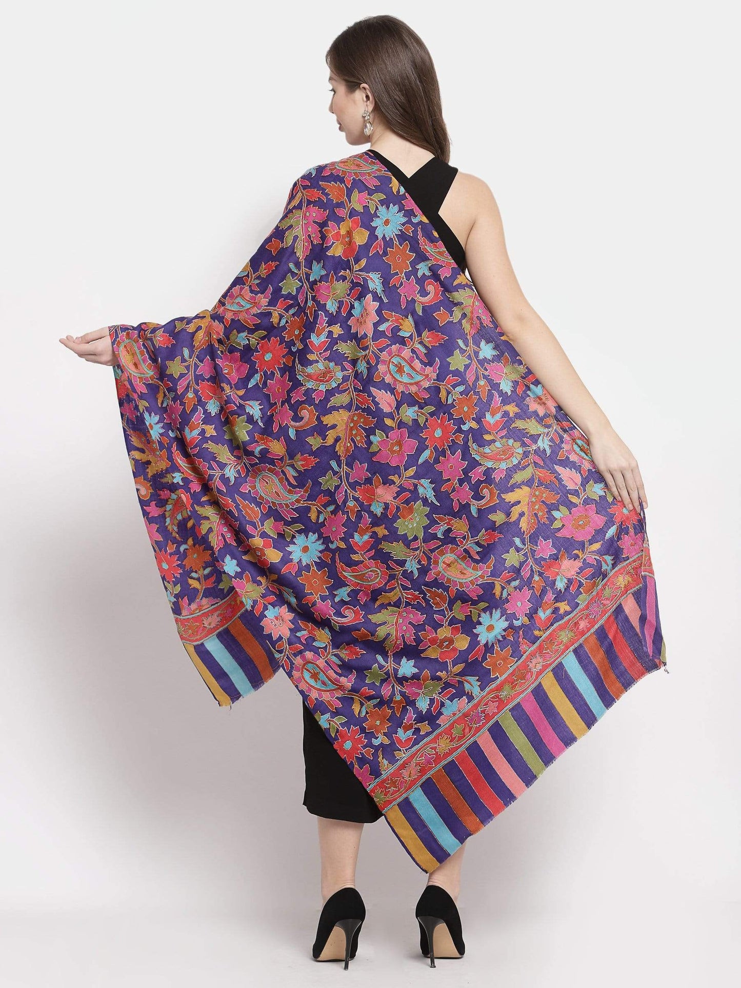 Pashtush India 70x200 Pashtush Womens 100% Hand Embroidered Kalamkari Stole, Fine Wool, Blue